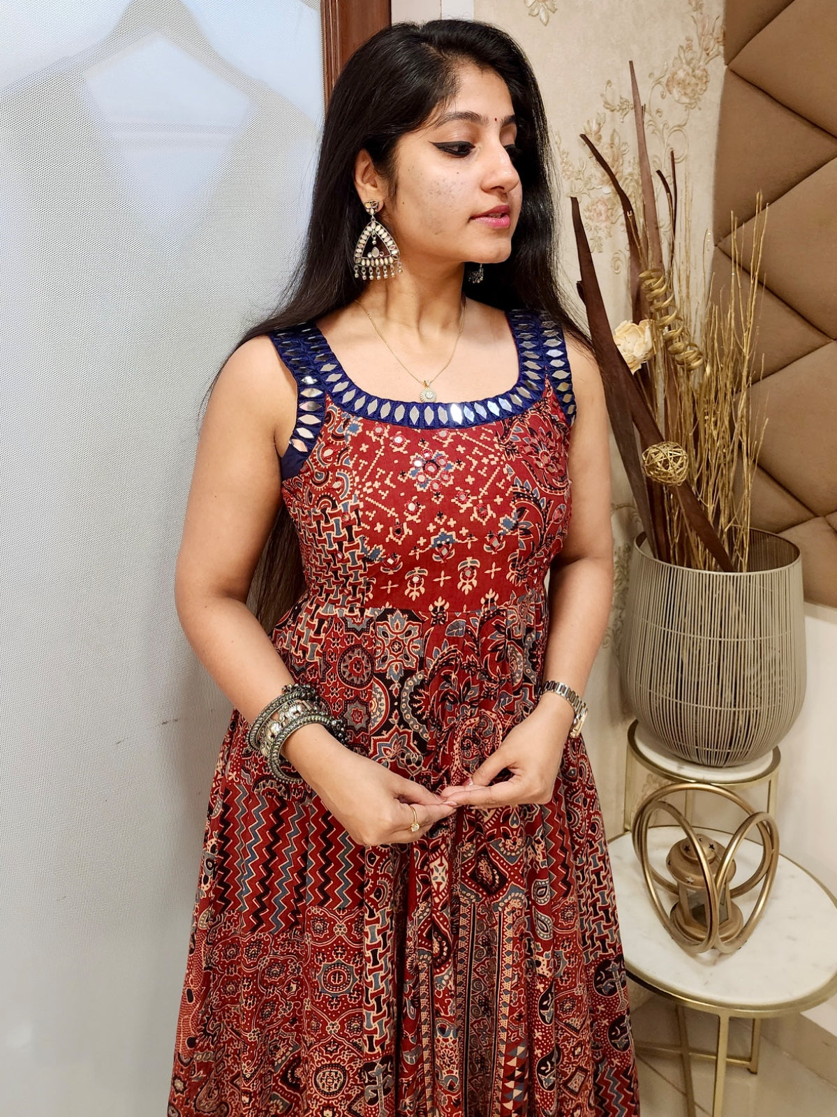 Brick red navy blue ajrakh anarkali.