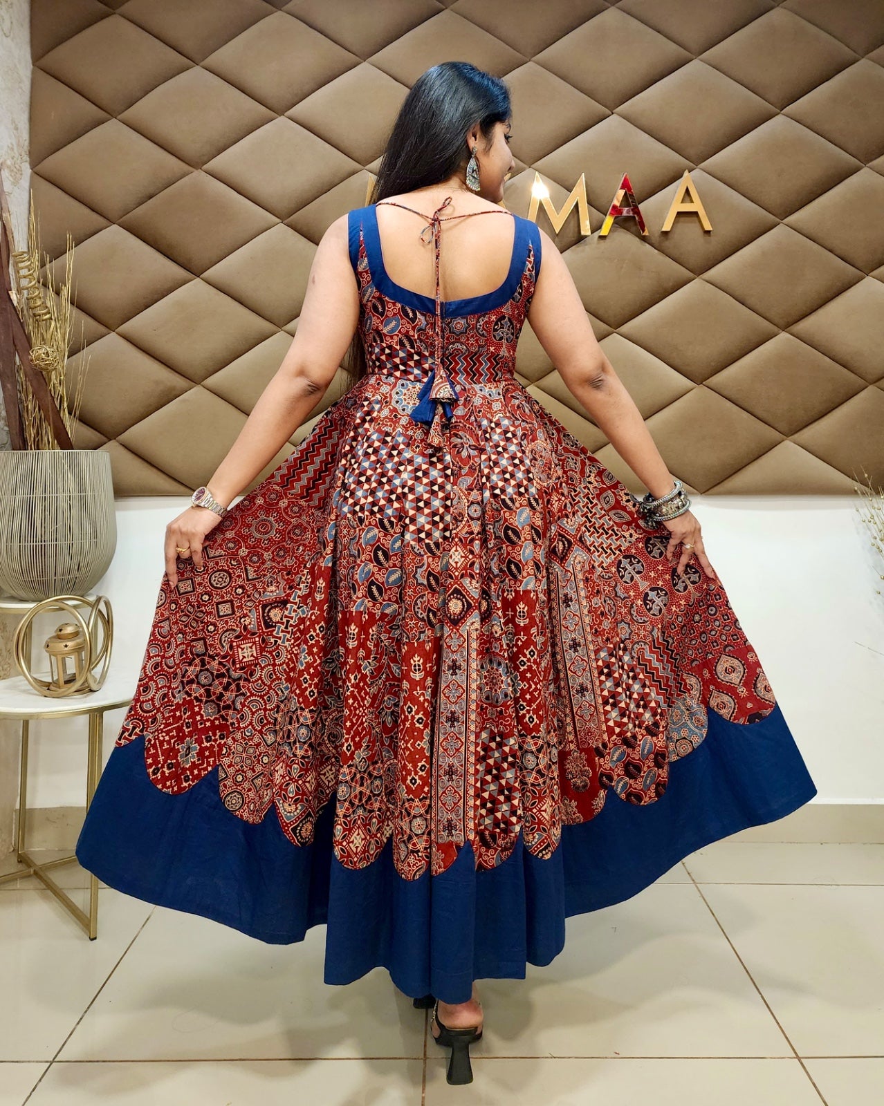 Brick red navy blue ajrakh anarkali.