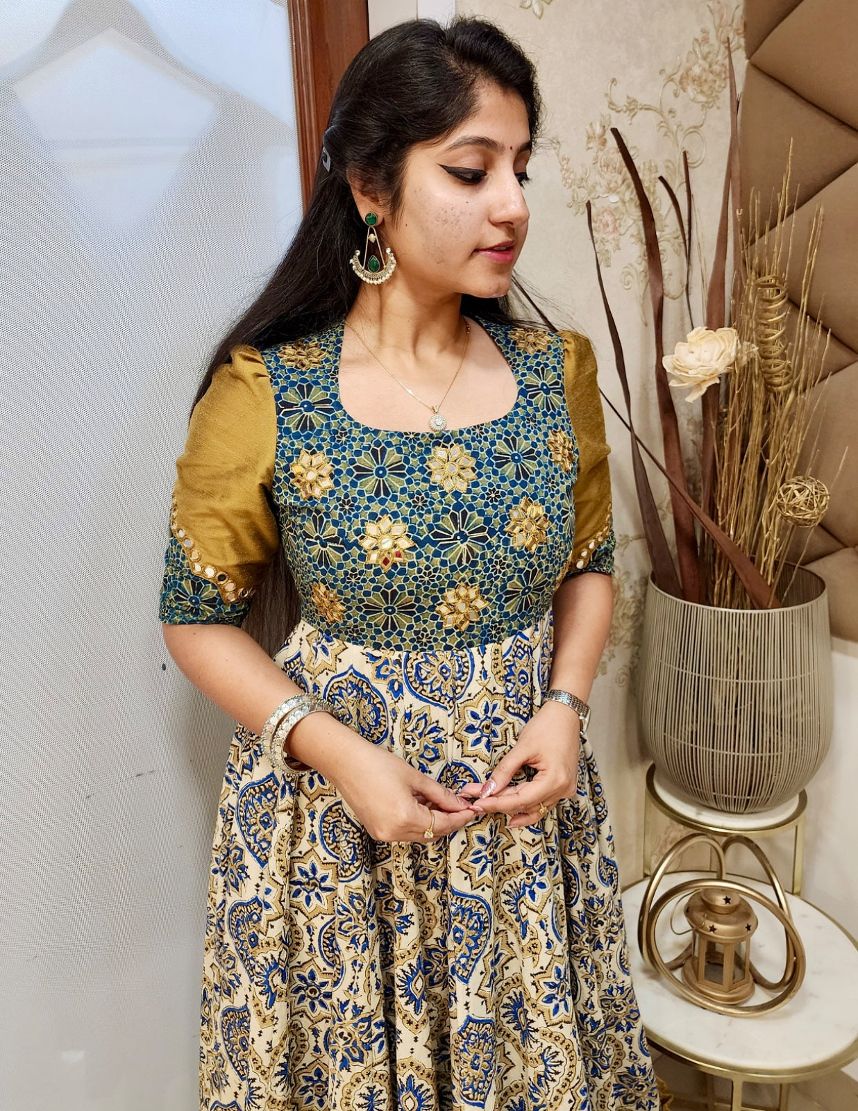 Half white indigo mustard ajrakh anarkali.
