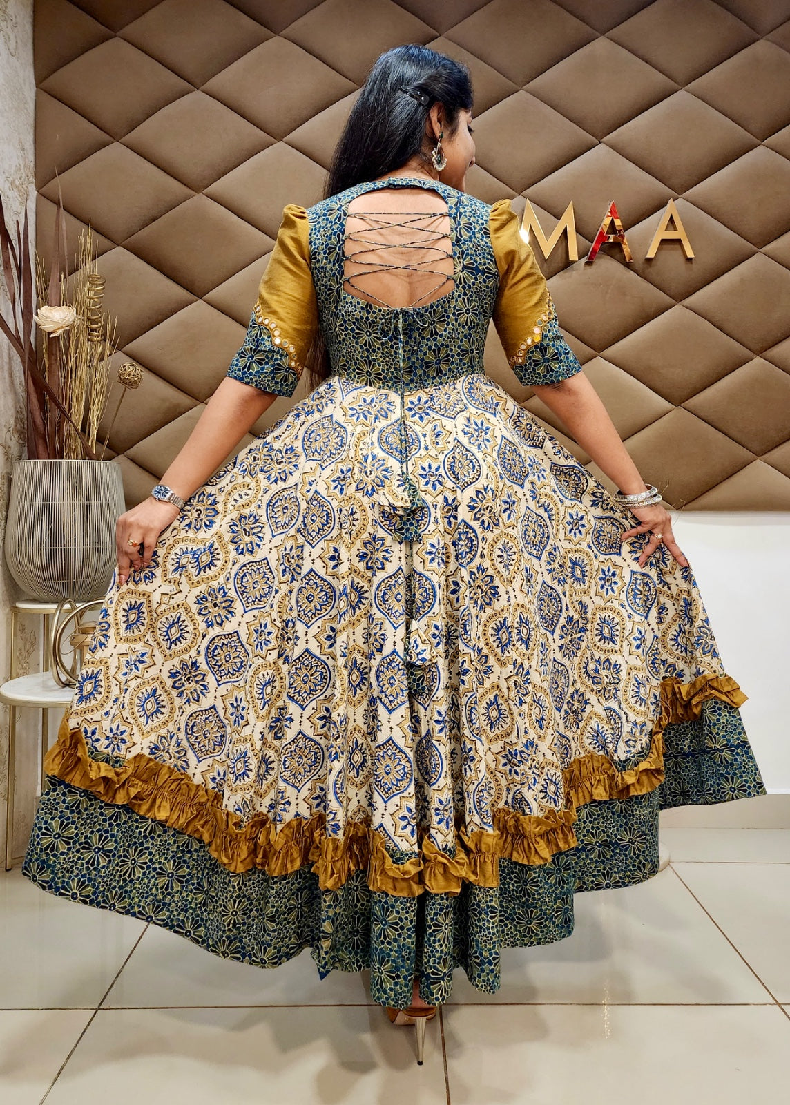Half white indigo mustard ajrakh anarkali.