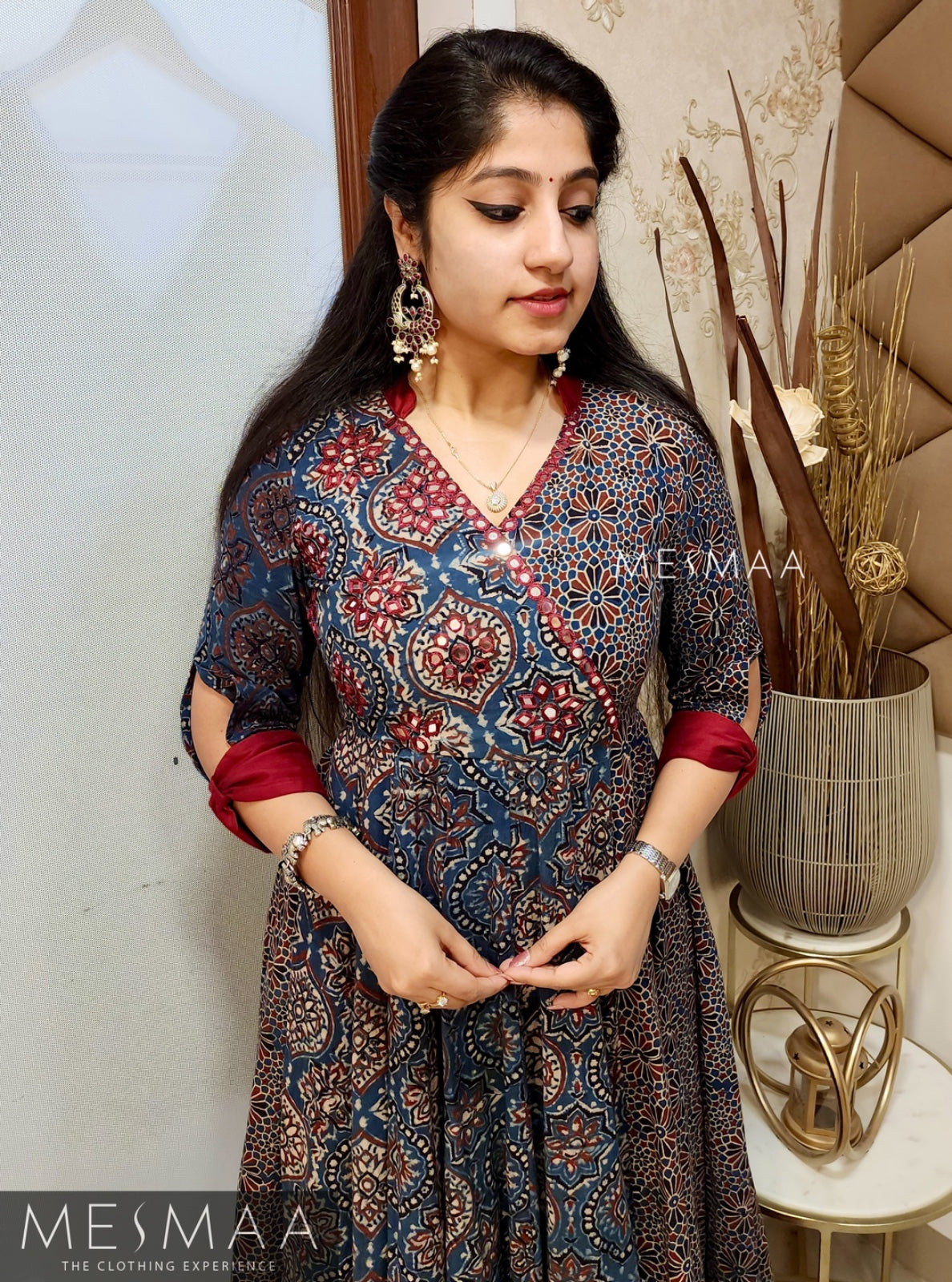 Indigo blue dark red ajrakh anarkali.