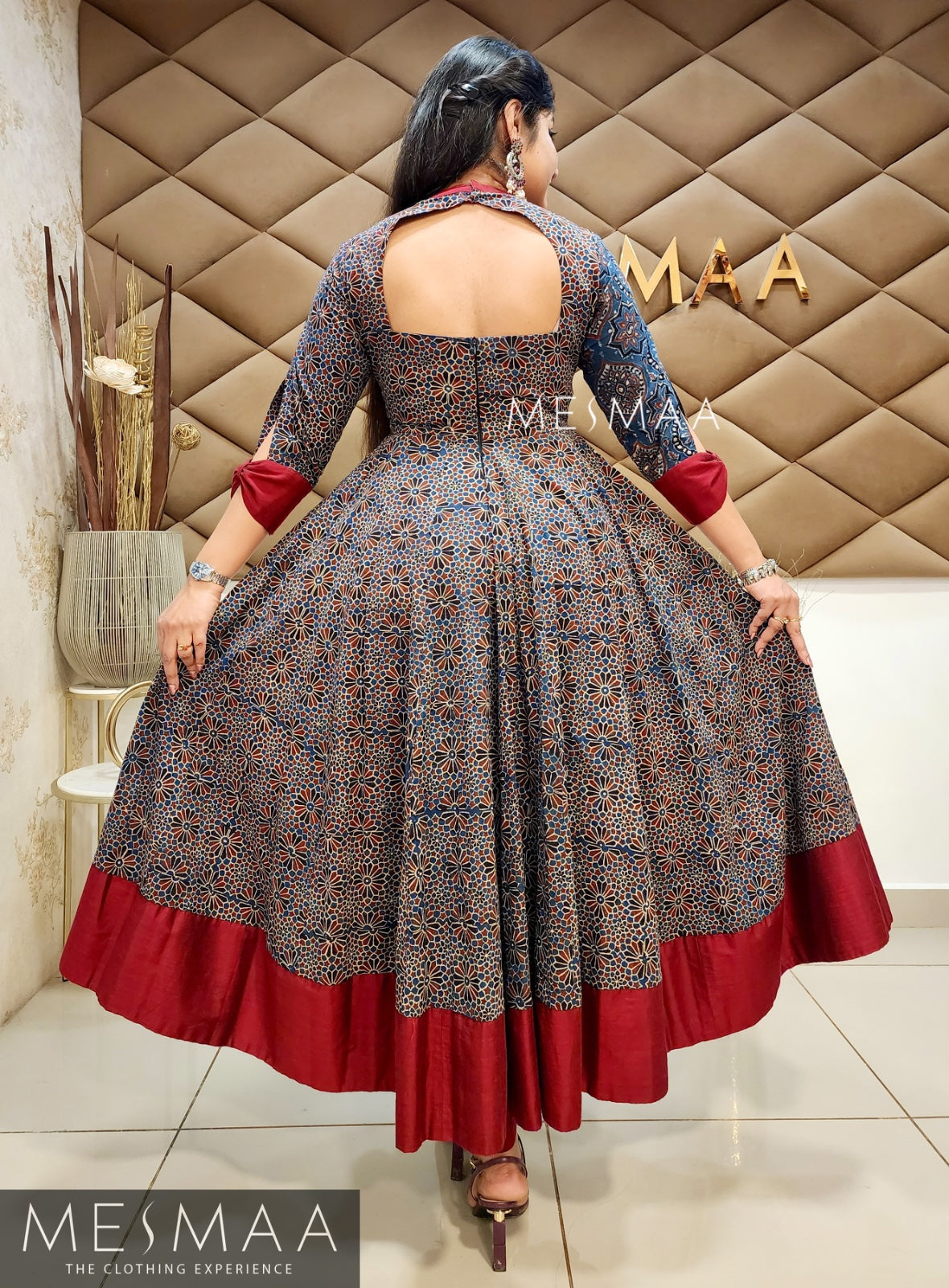 Indigo blue dark red ajrakh anarkali.