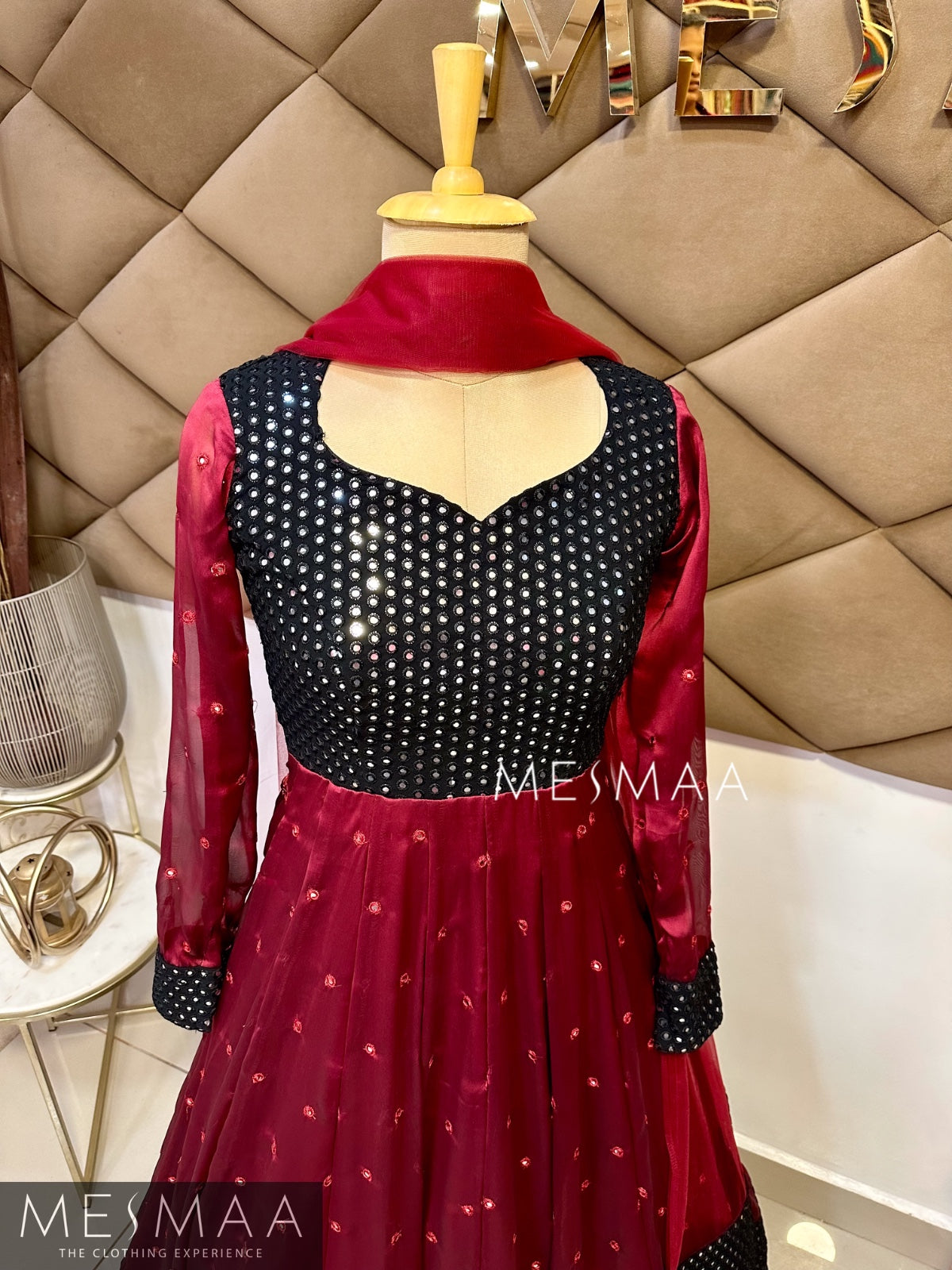Maroon black flared anarkali.
