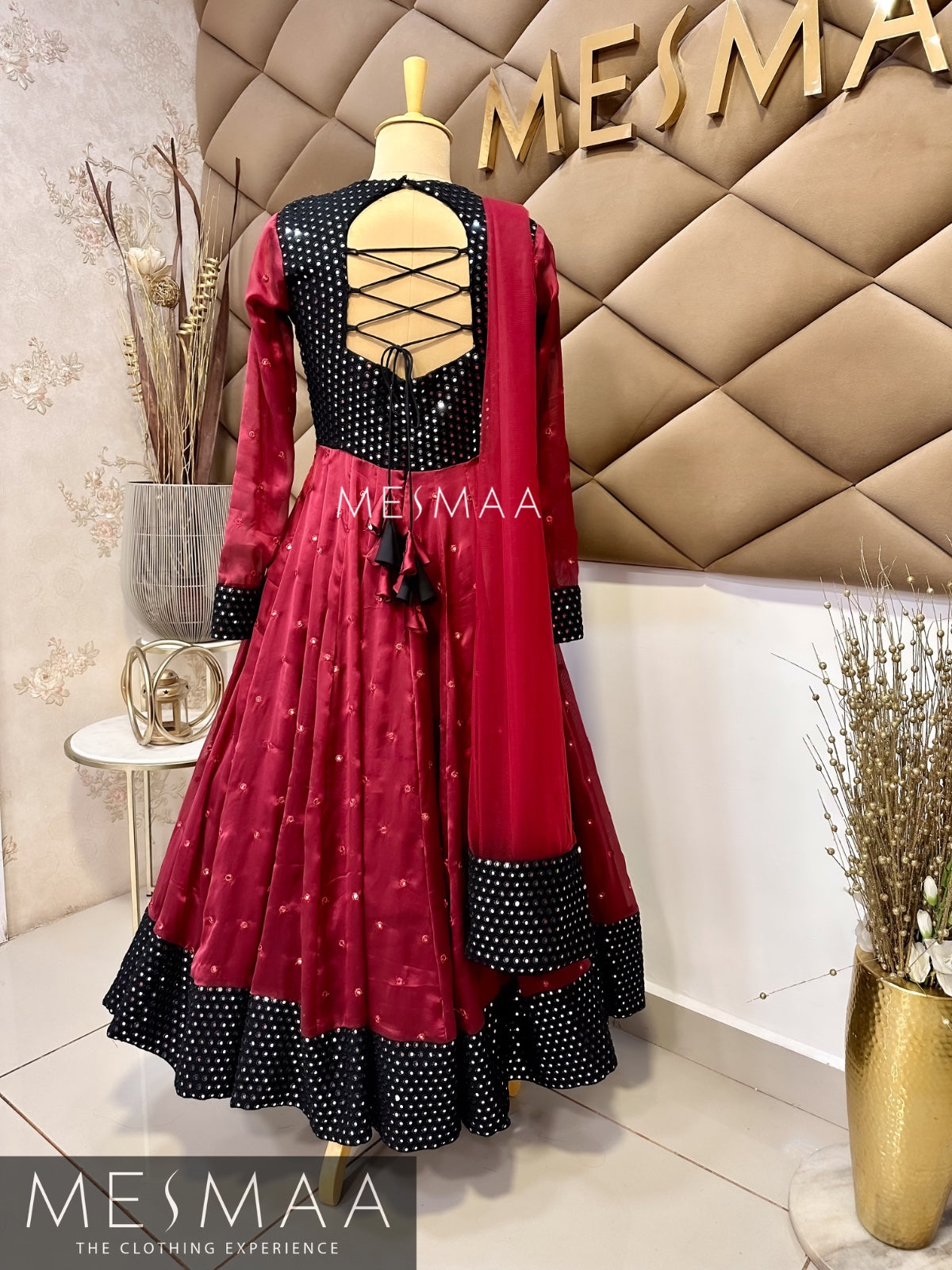 Maroon black flared anarkali.