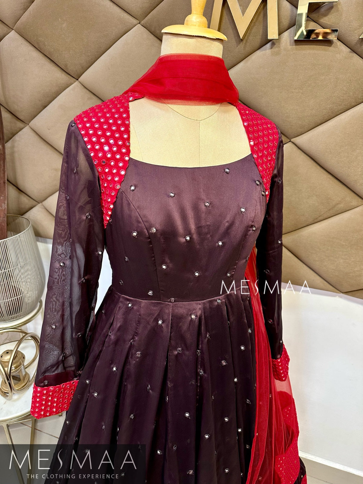 Coffee brown crimson red flared anarkali.