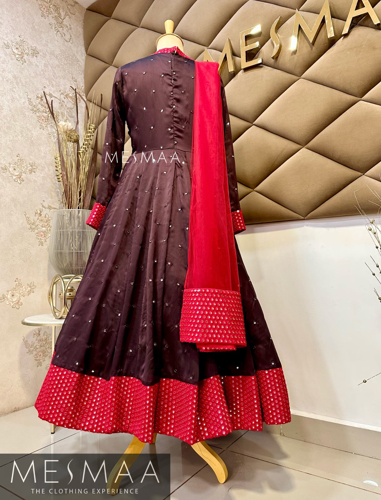 Coffee brown crimson red flared anarkali.
