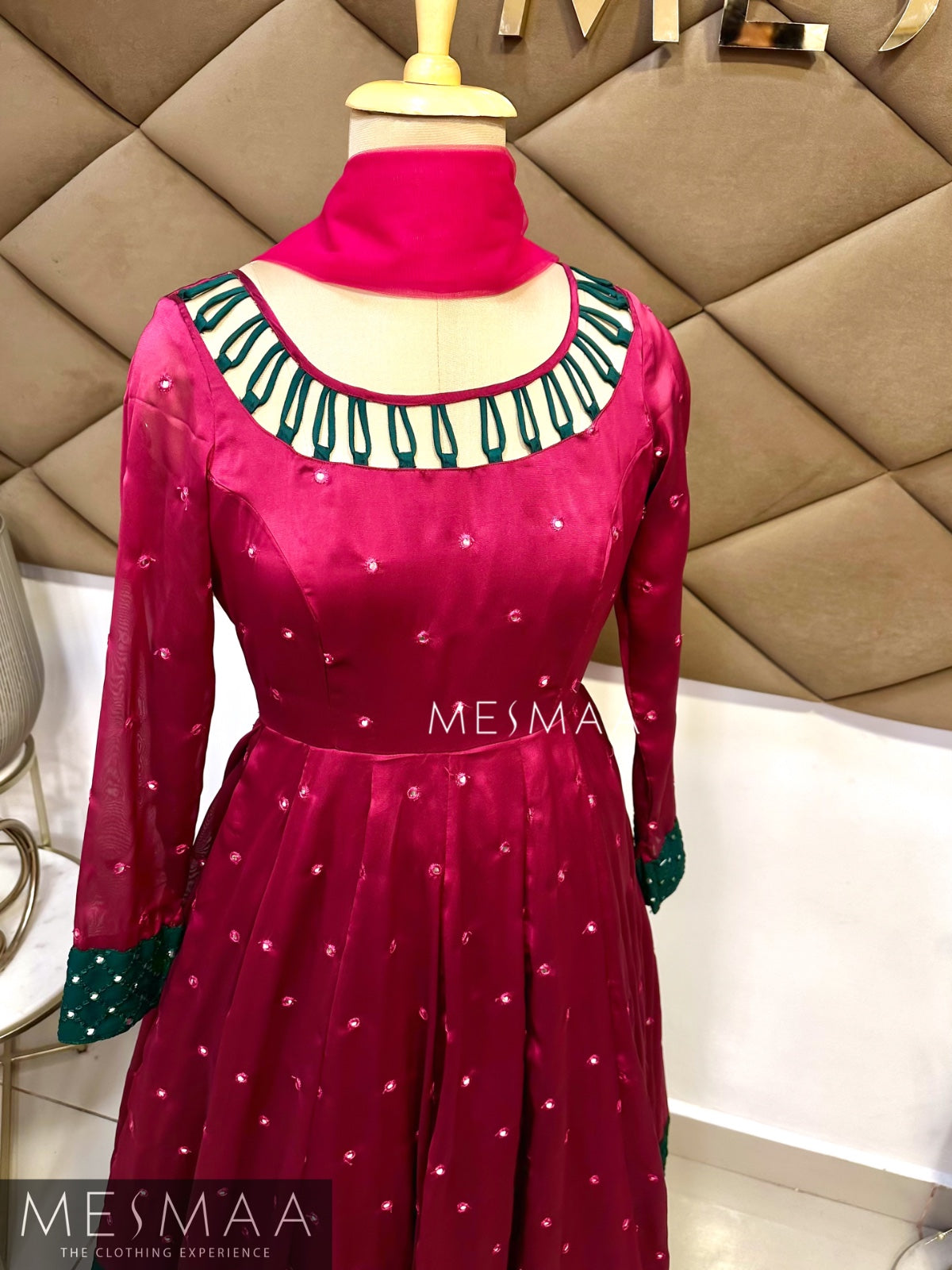 Majentha bottle green flared anarkali.