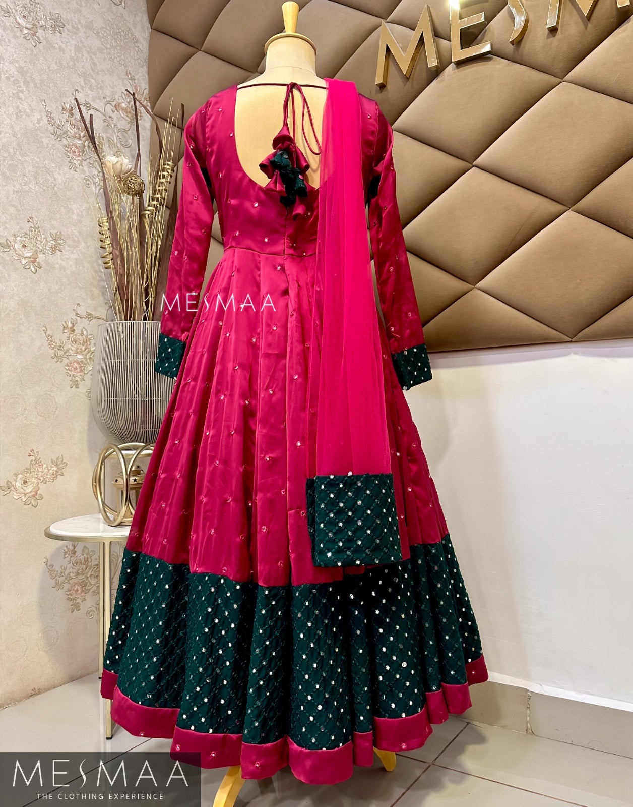 Majentha bottle green flared anarkali.