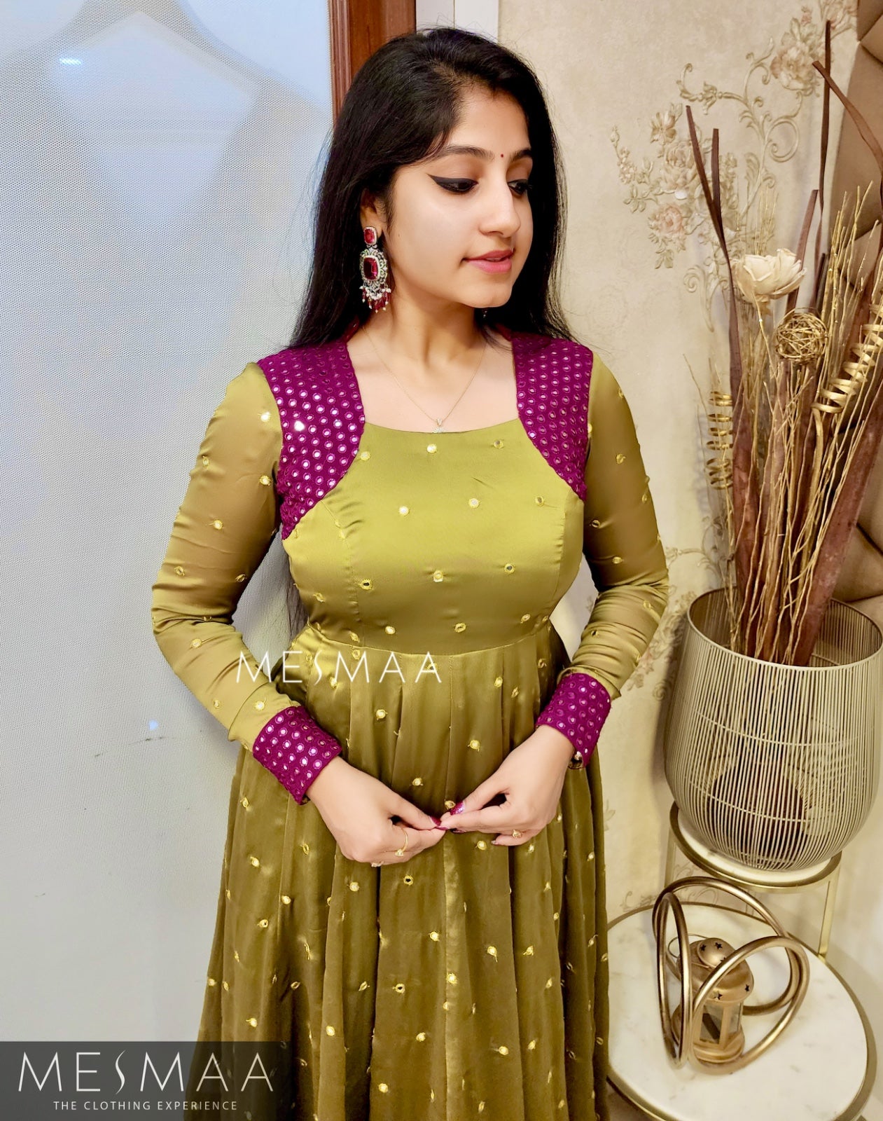 Olive-green purple flared anarkali.