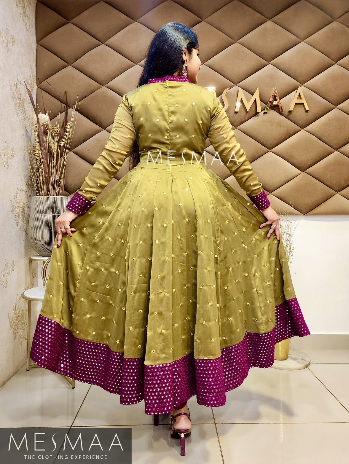 Olive-green purple flared anarkali.