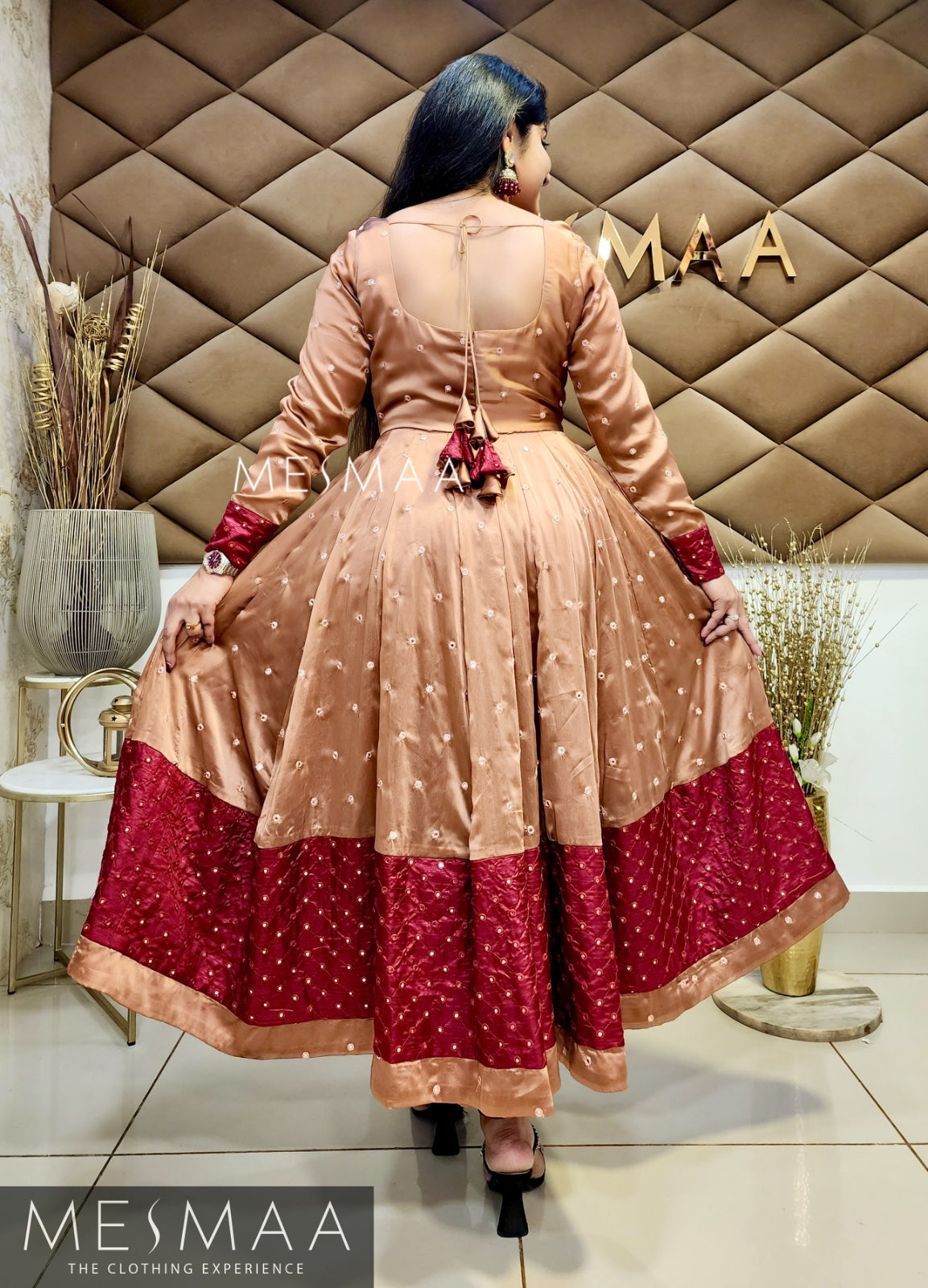 Copper maroon flared anarkali.