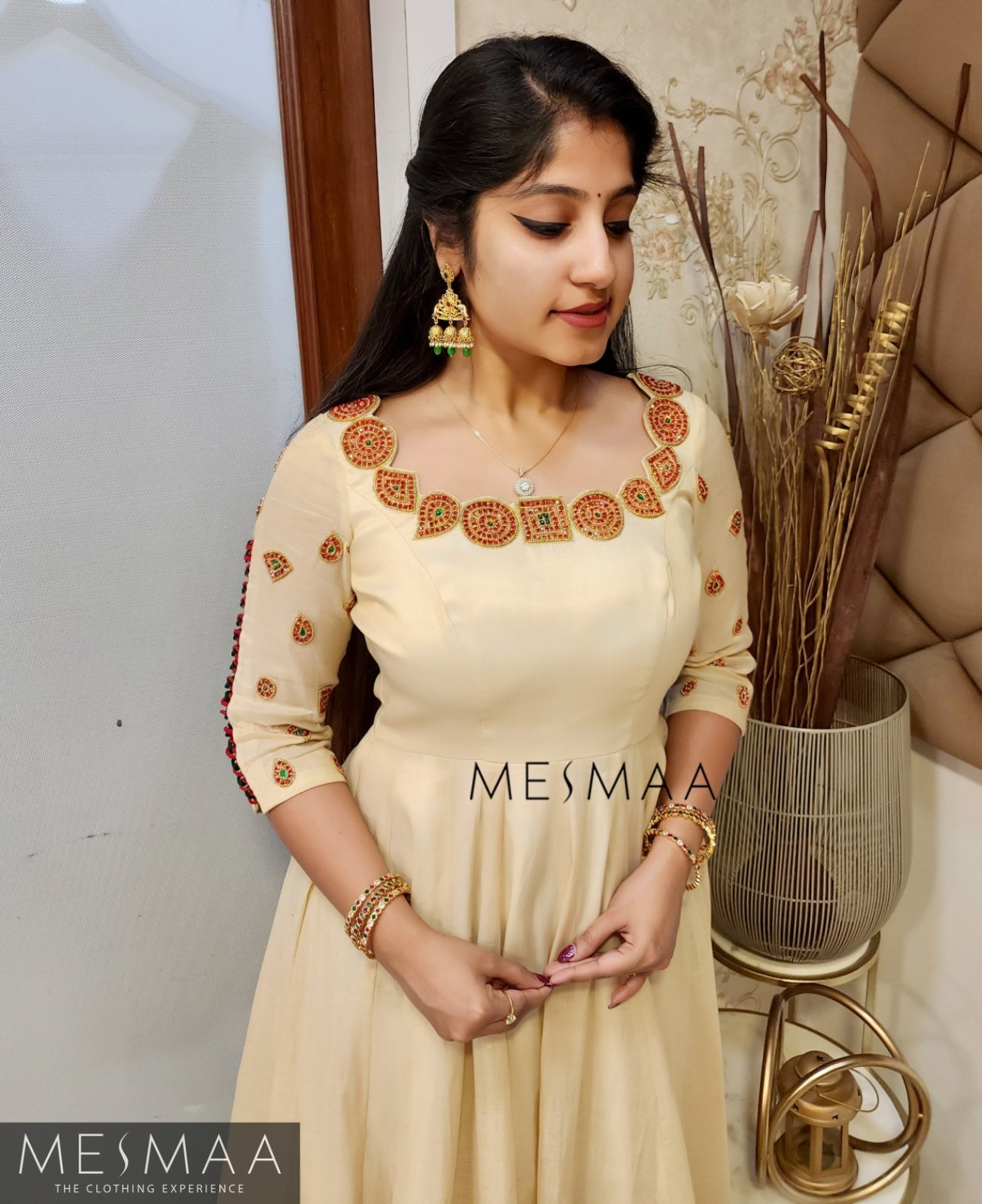 Bottle green golden white Kerala type anarkali