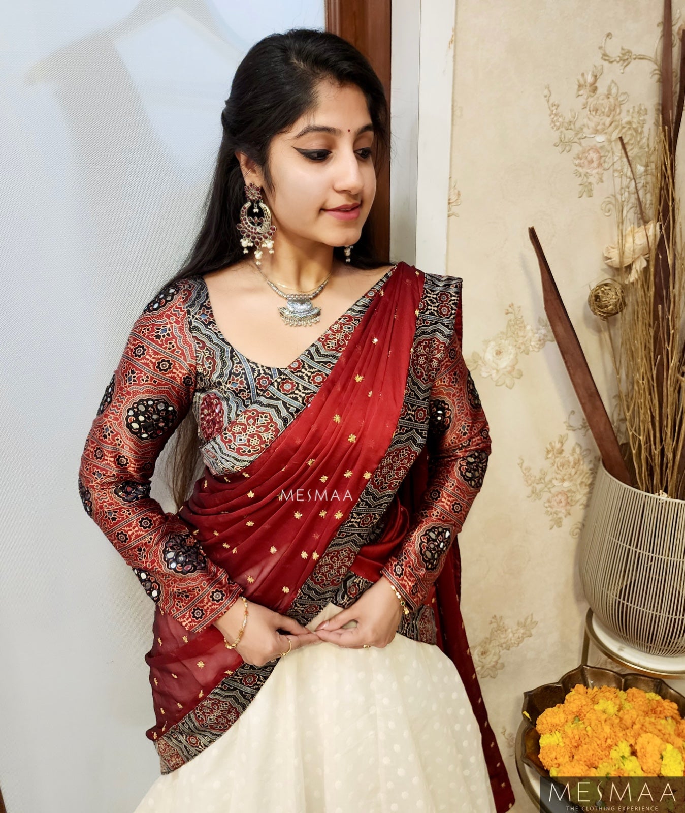 White brick red ajarkh lehenga