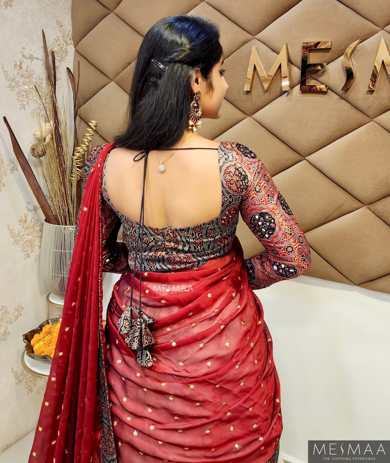 White brick red ajarkh lehenga
