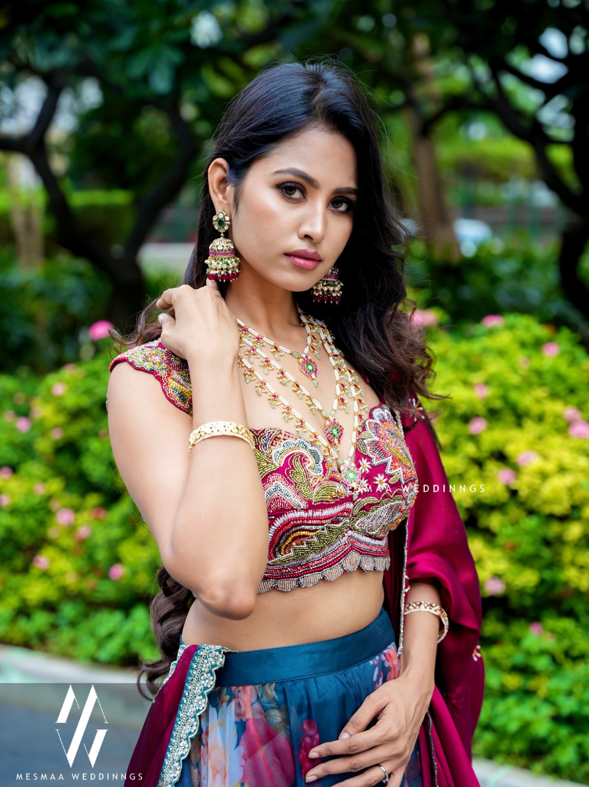 RUBY RED PEACOCK BLUE FLORAL LEHENGA.