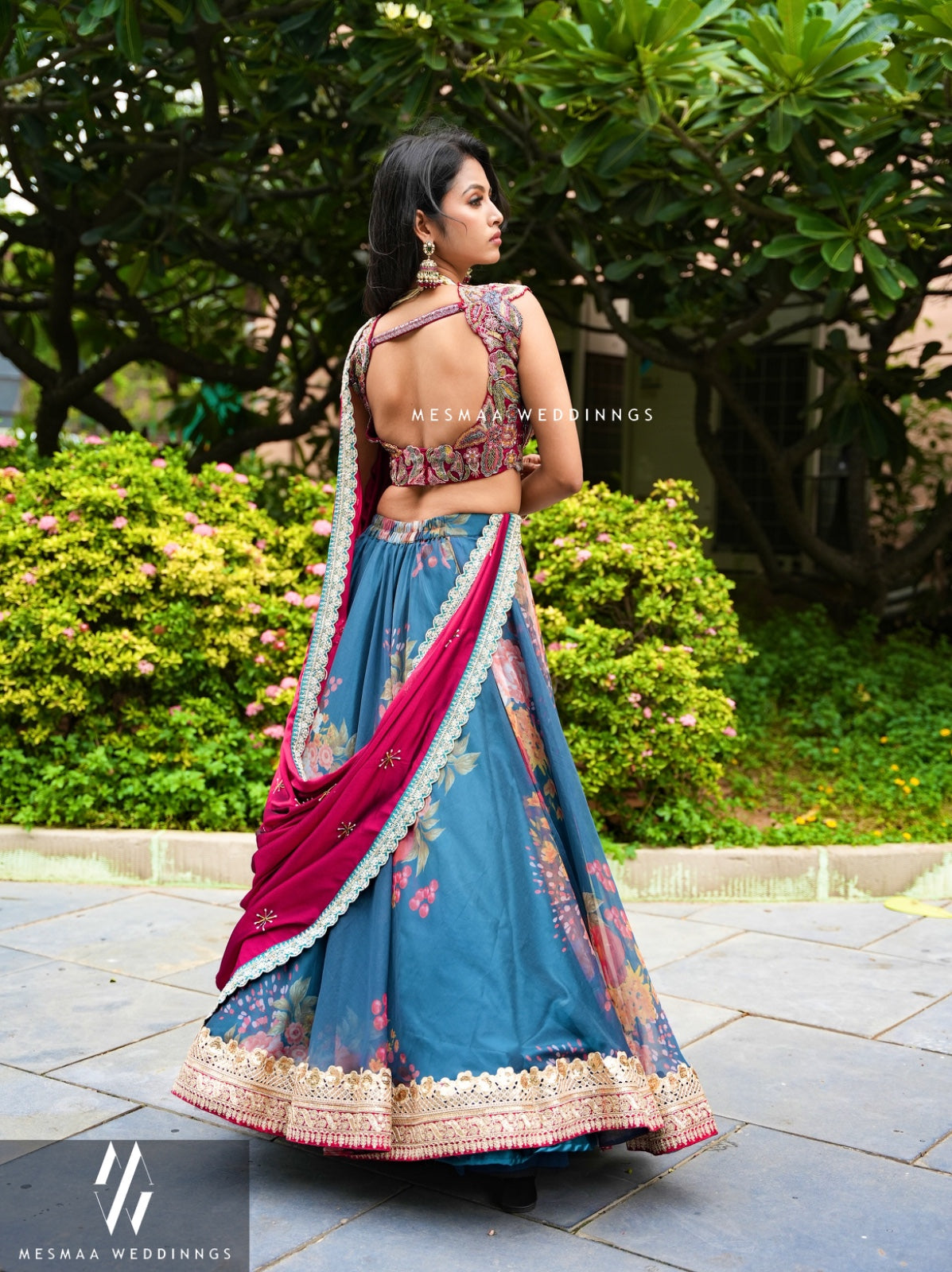 RUBY RED PEACOCK BLUE FLORAL LEHENGA.