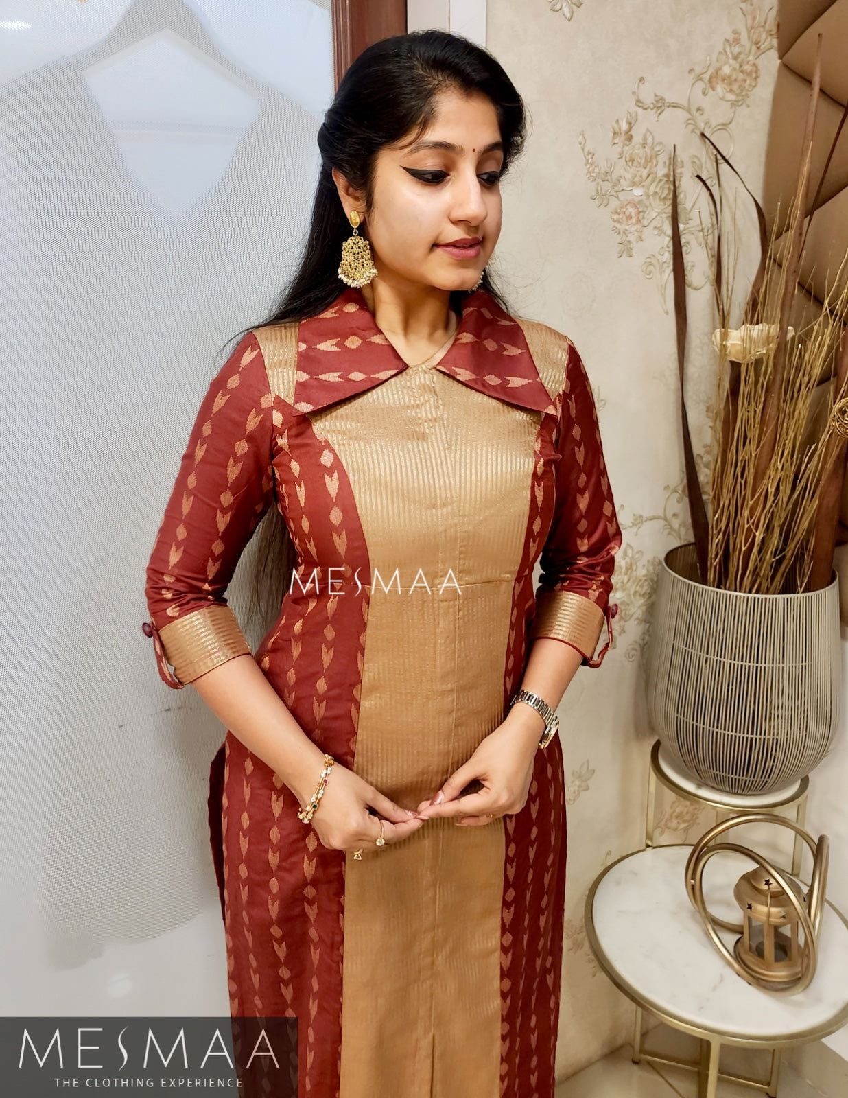 Maroon golden beige kurti set.