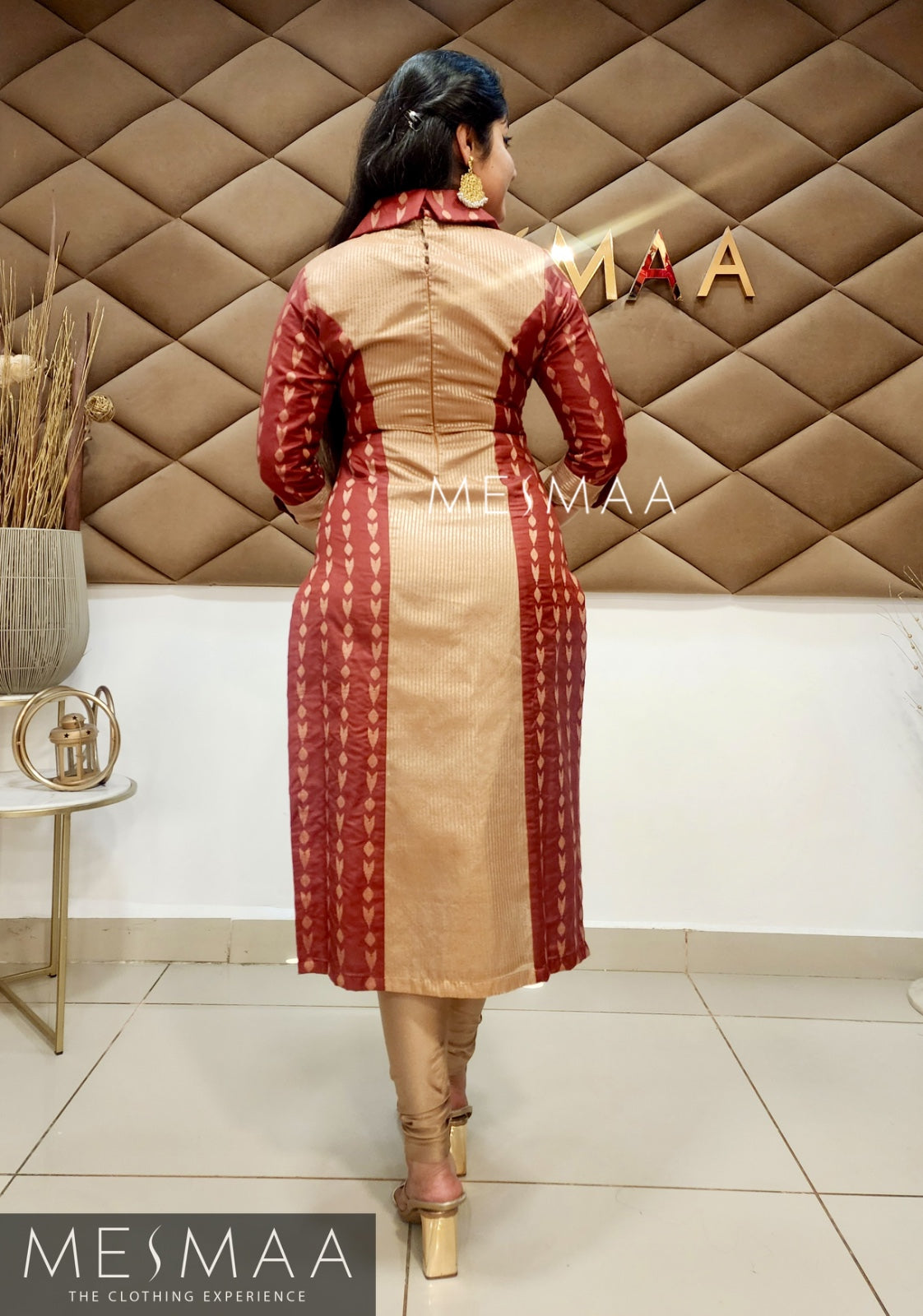 Maroon golden beige kurti set.