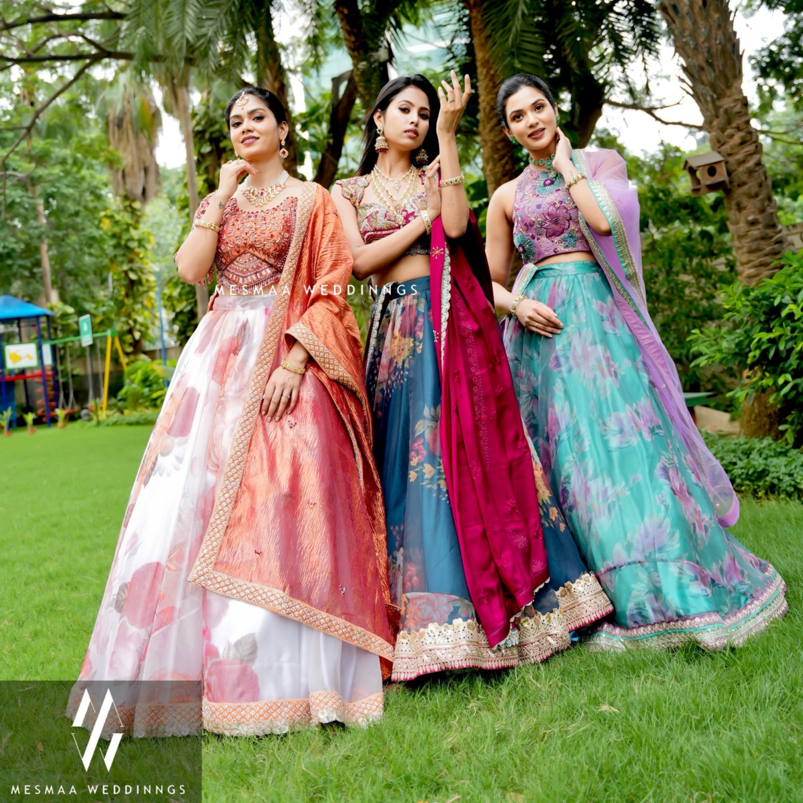 WHITE MATTALIC RUST FLORAL LEHENGA.