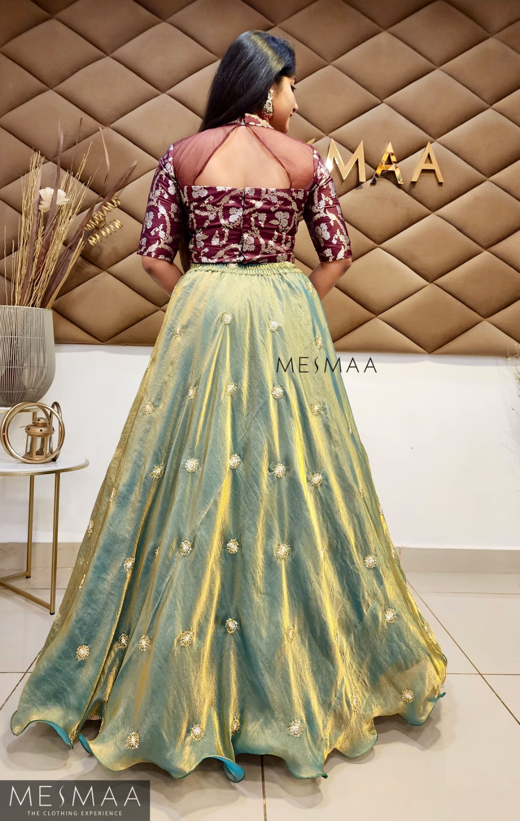Brown teal tissue organsa lehenga.