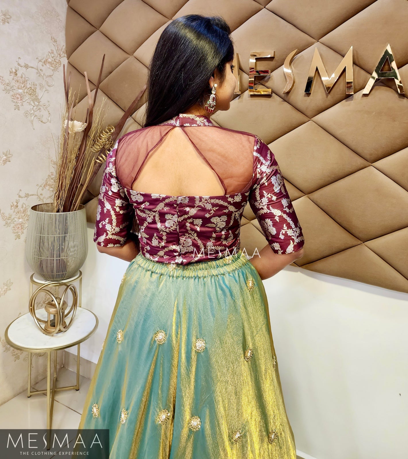 Brown teal tissue organsa lehenga.