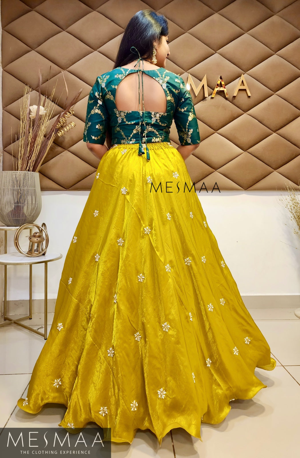 Bottle green mustard yellow tissue organsa lehenga.