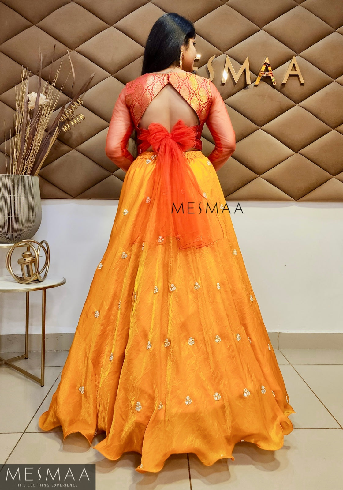 Crimson red turmeric yellow tissue organsa lehenga.
