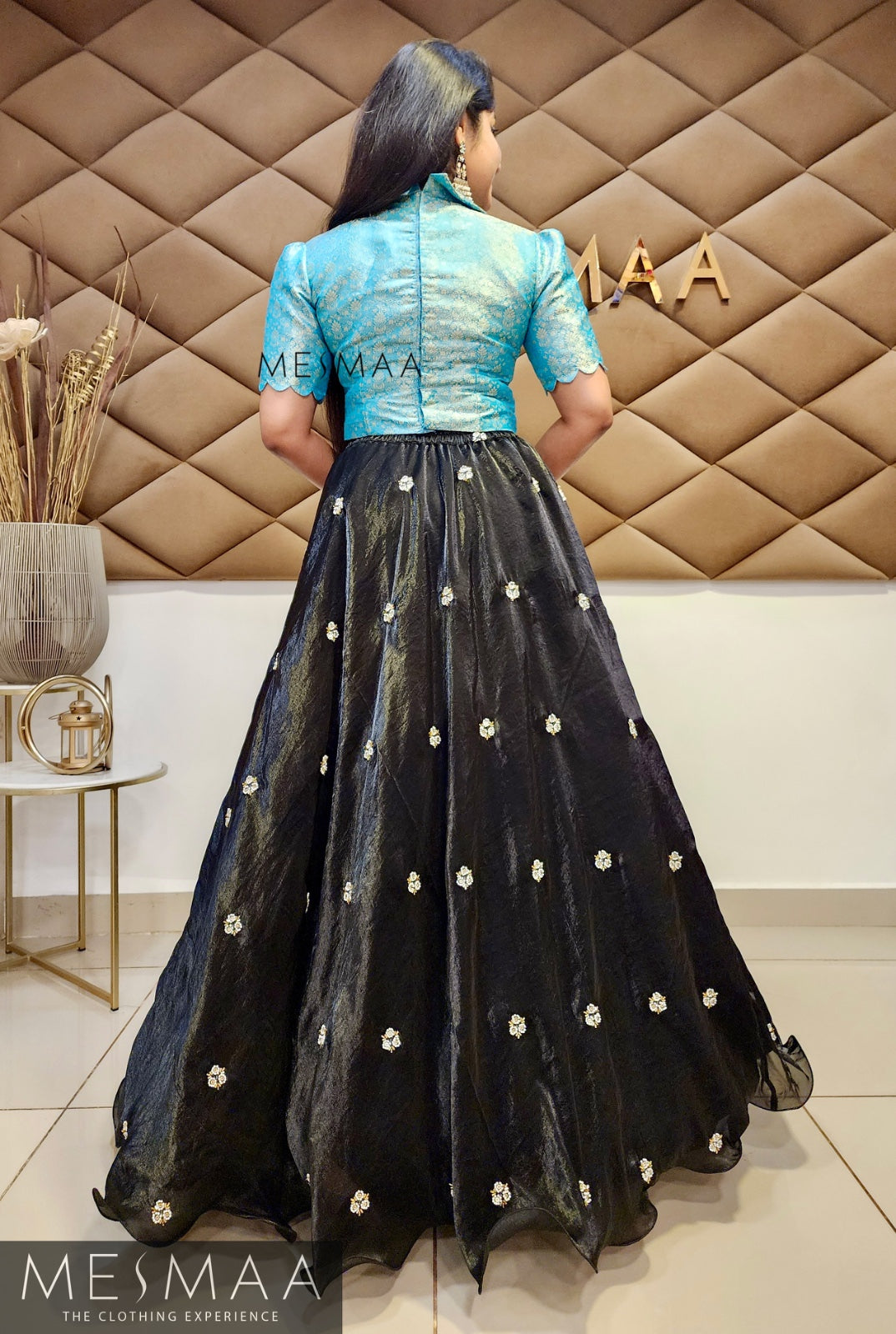 Sky blue black tissue organsa lehenga.