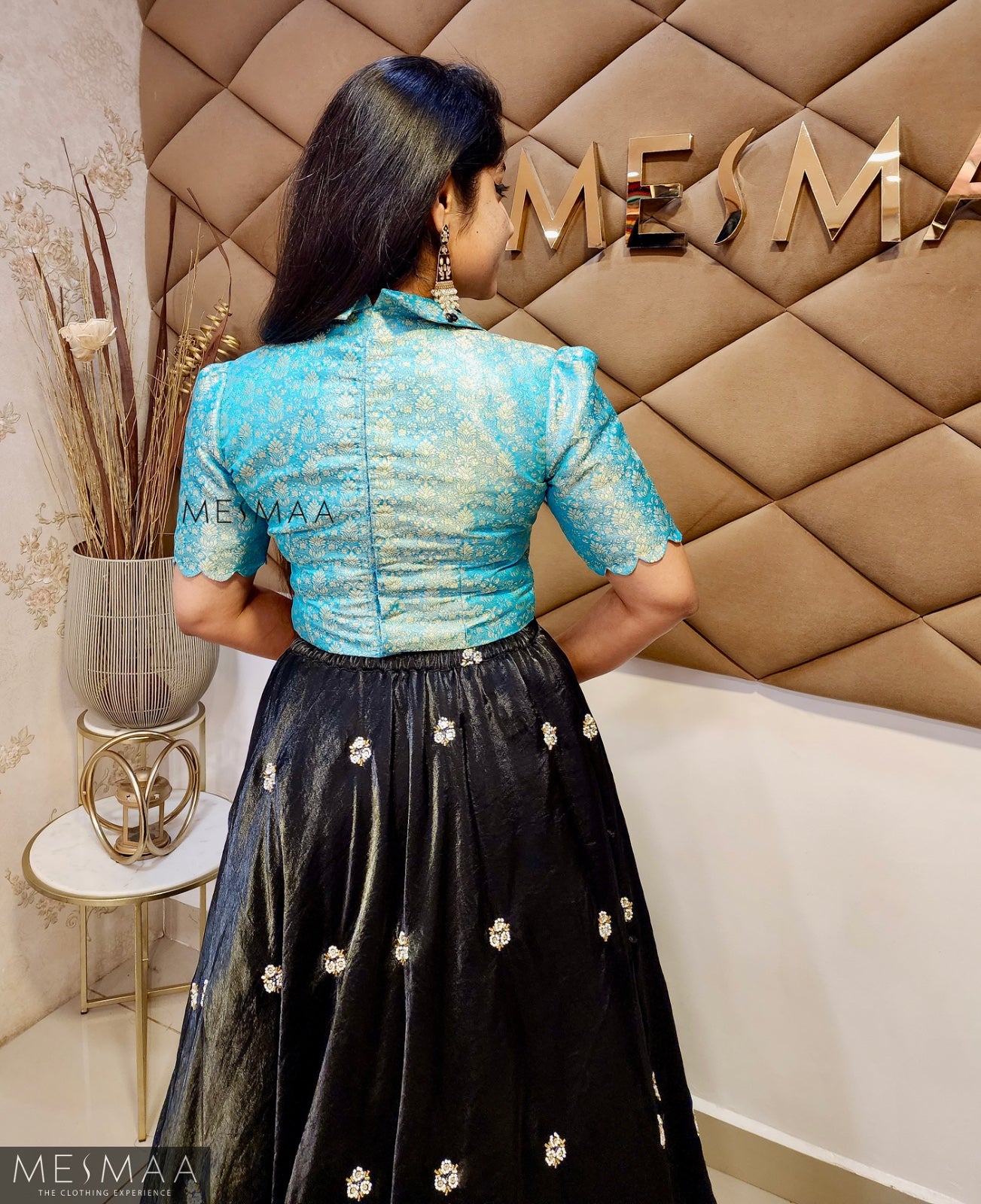 Sky blue black tissue organsa lehenga.