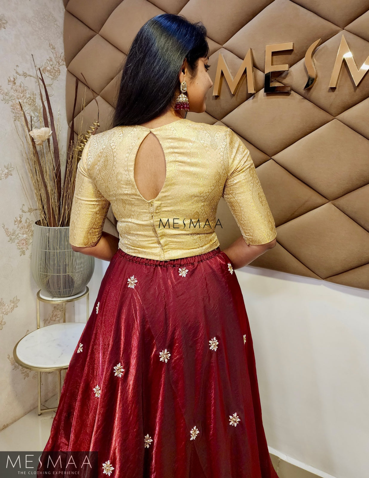 Beige maroon tissue organsa lehenga.