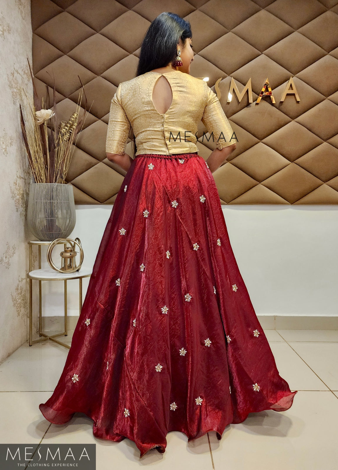 Beige maroon tissue organsa lehenga.