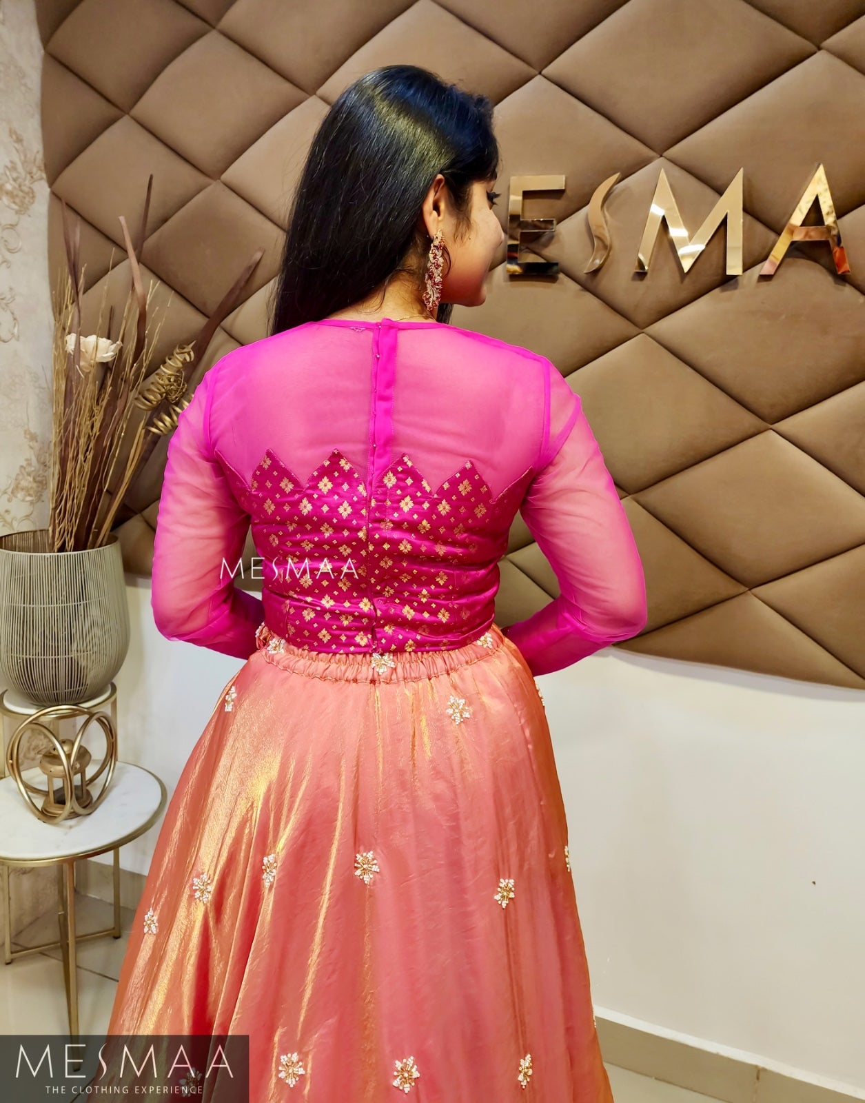 Rani Pink peach tissue organsa lehenga.