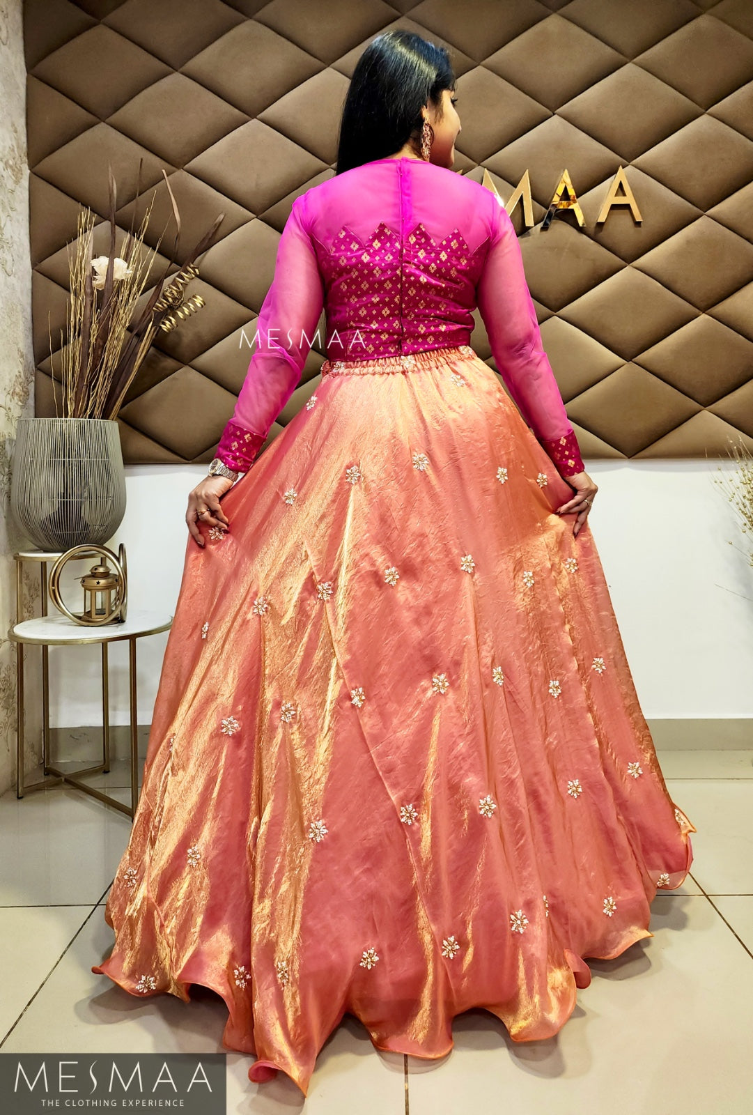 Rani Pink peach tissue organsa lehenga.