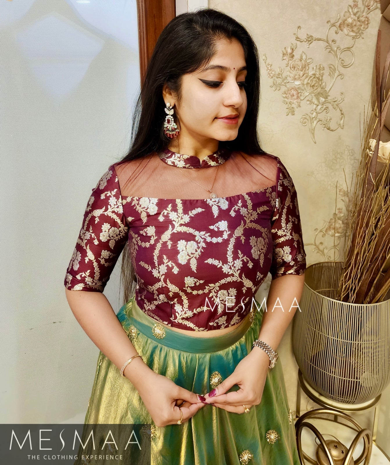 Brown teal tissue organsa lehenga.