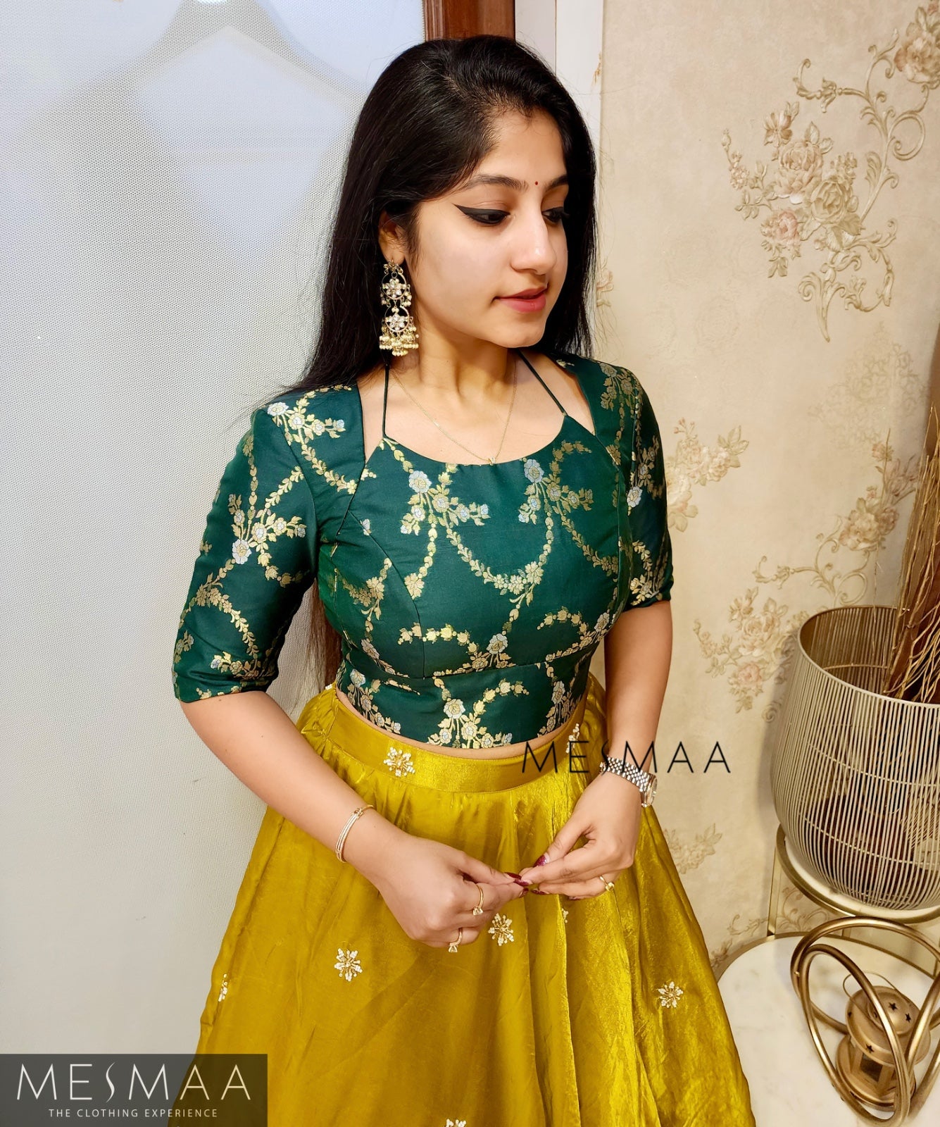 Bottle green mustard yellow tissue organsa lehenga.