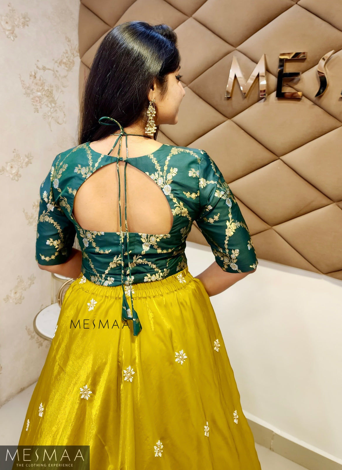 Bottle green mustard yellow tissue organsa lehenga.
