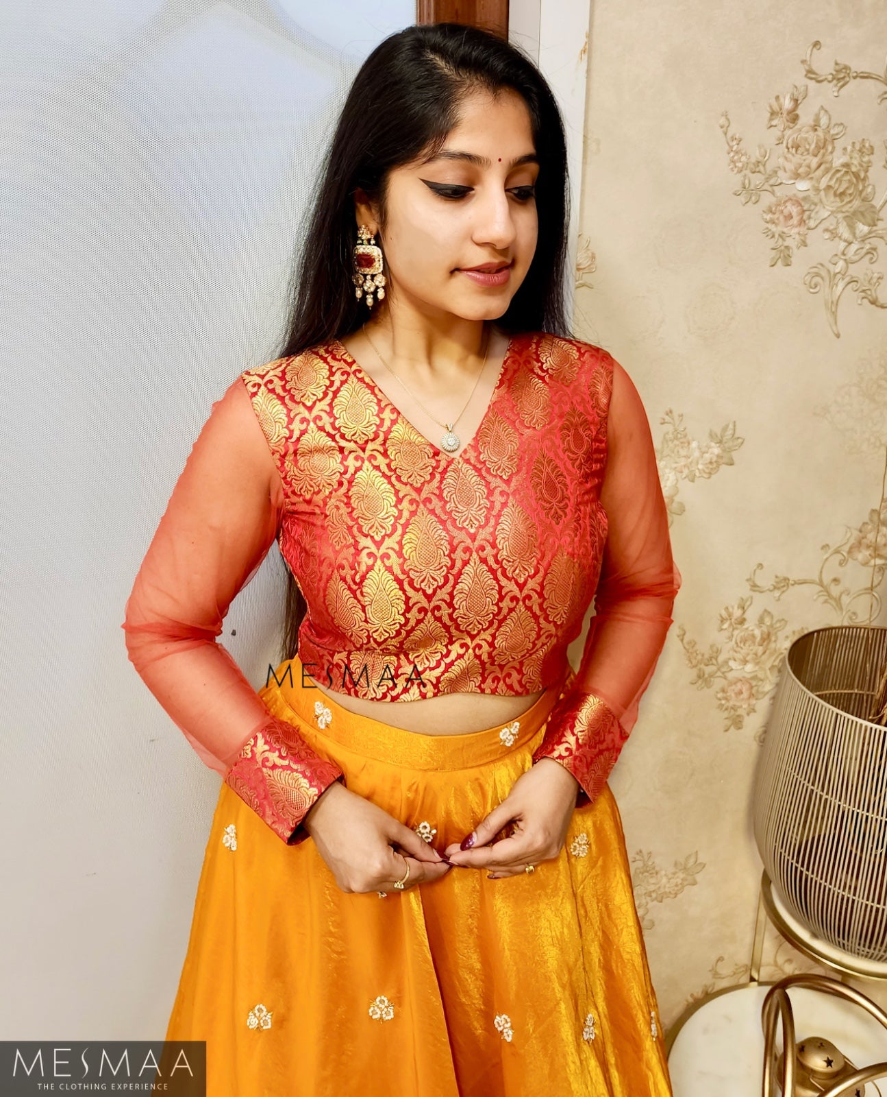 Crimson red turmeric yellow tissue organsa lehenga.