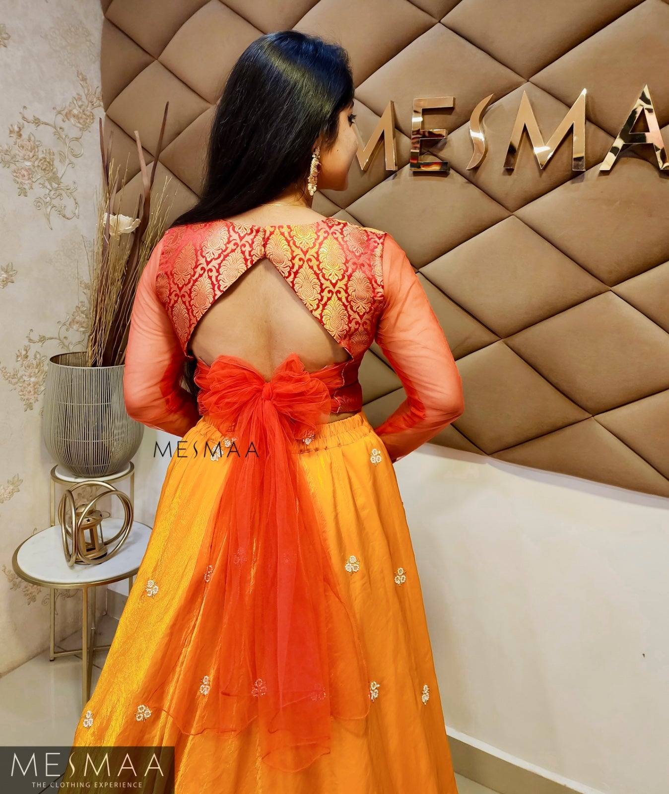 Crimson red turmeric yellow tissue organsa lehenga.