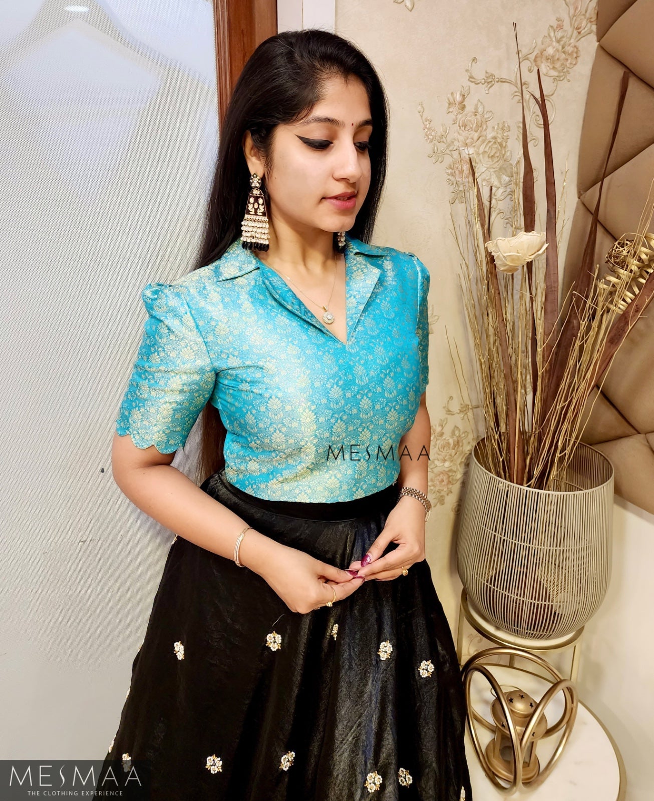 Sky blue black tissue organsa lehenga.