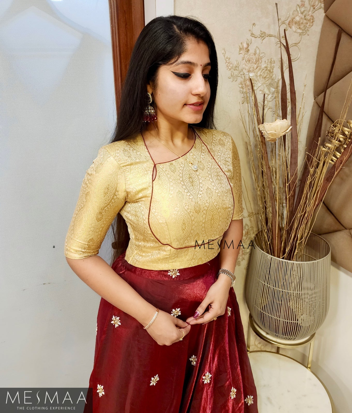 Beige maroon tissue organsa lehenga.