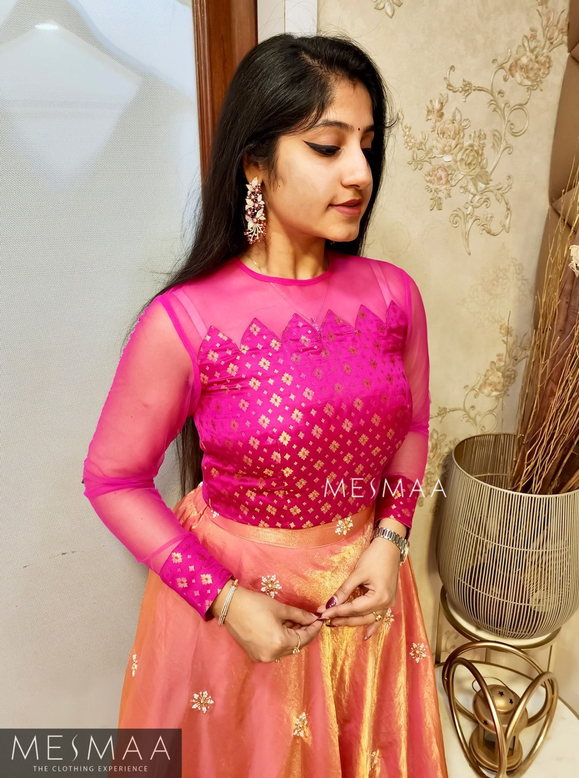 Rani Pink peach tissue organsa lehenga.