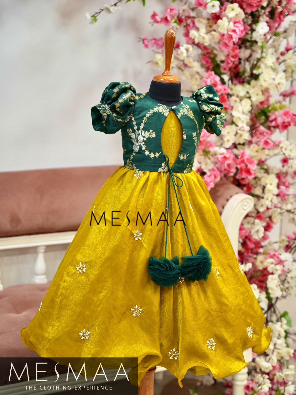 Bottle green mustard yellow kids gown.