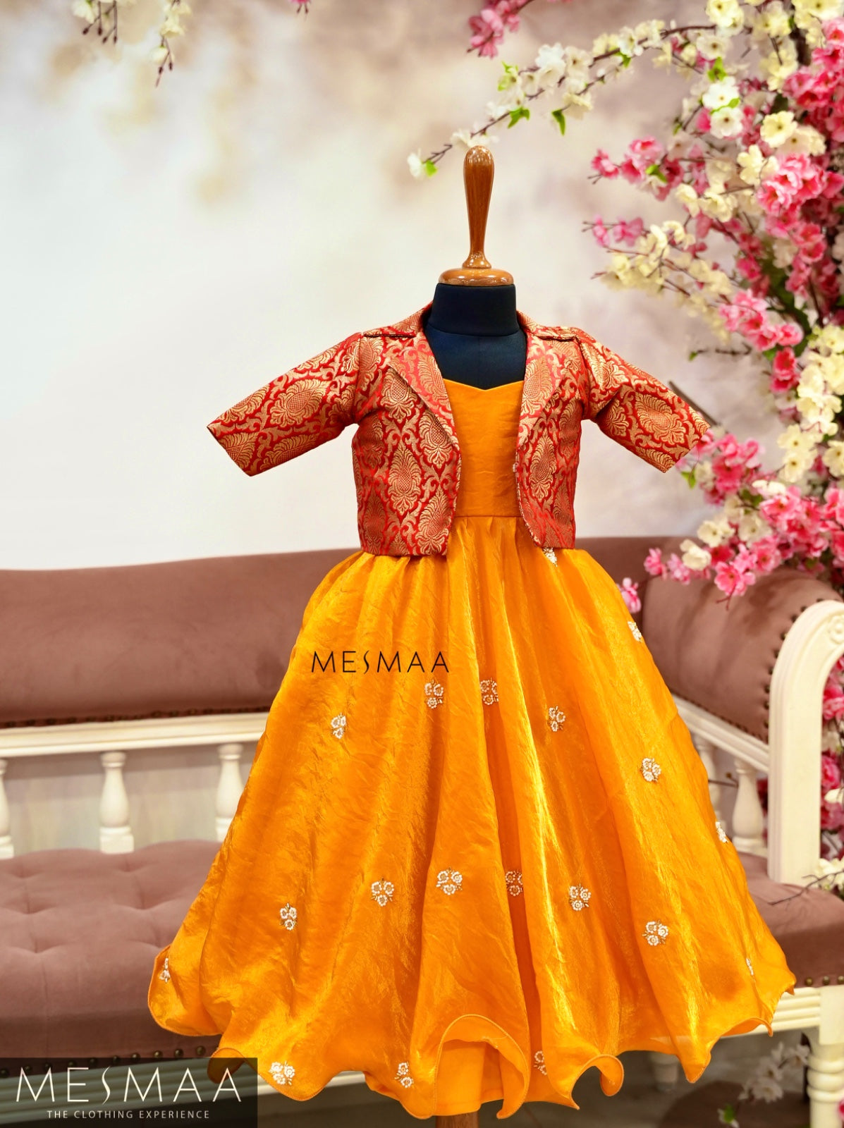 Crimson red turmeric yellow kids gown.