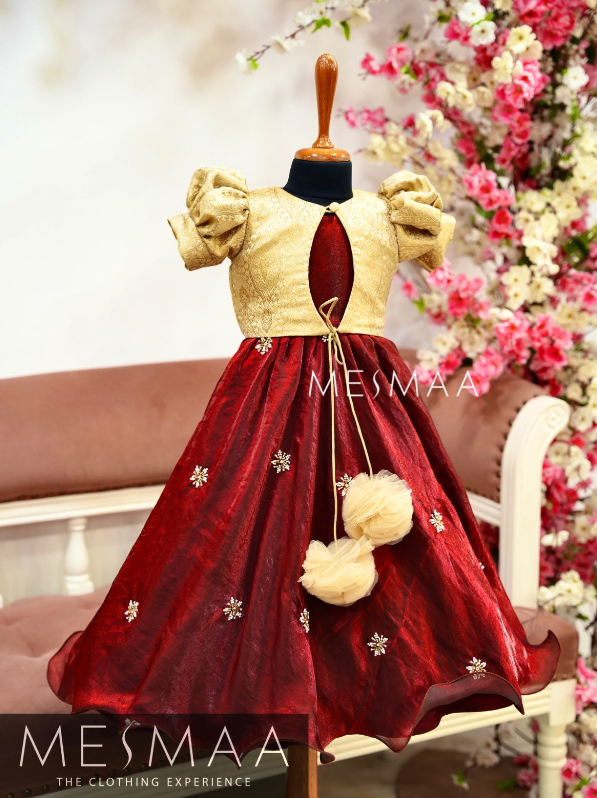Beige maroon kids gown.