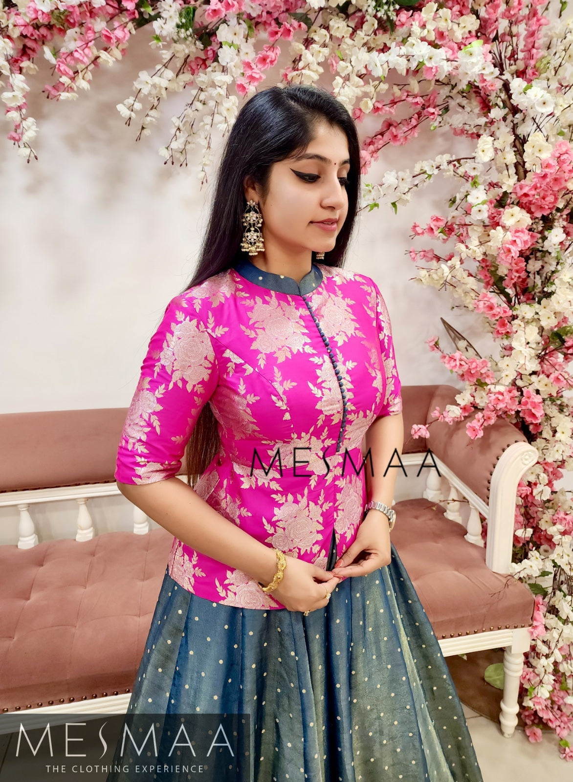 Fuschia pink ash blue tissue banarasi  lehenga.