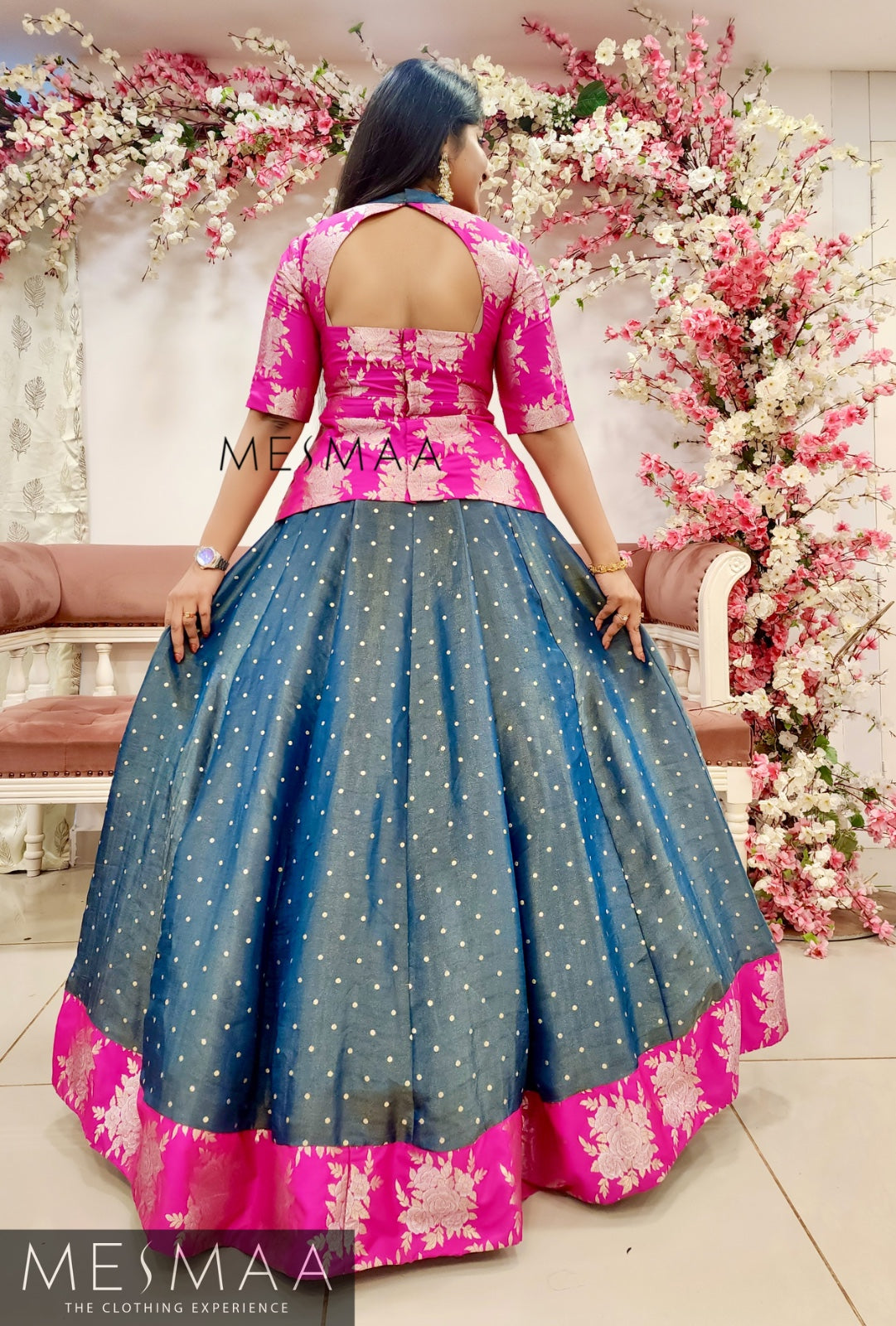Fuschia pink ash blue tissue banarasi  lehenga.
