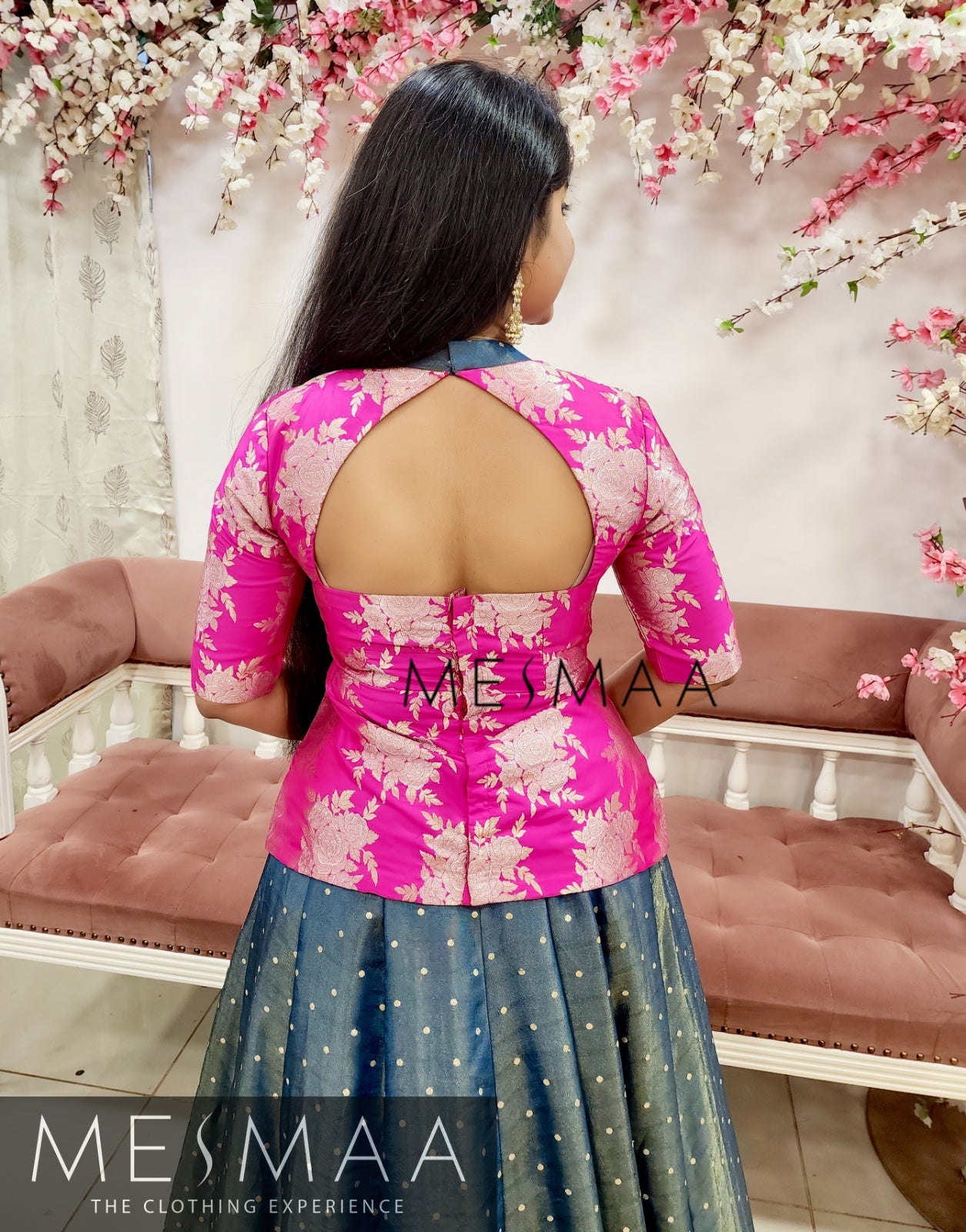 Fuschia pink ash blue tissue banarasi  lehenga.