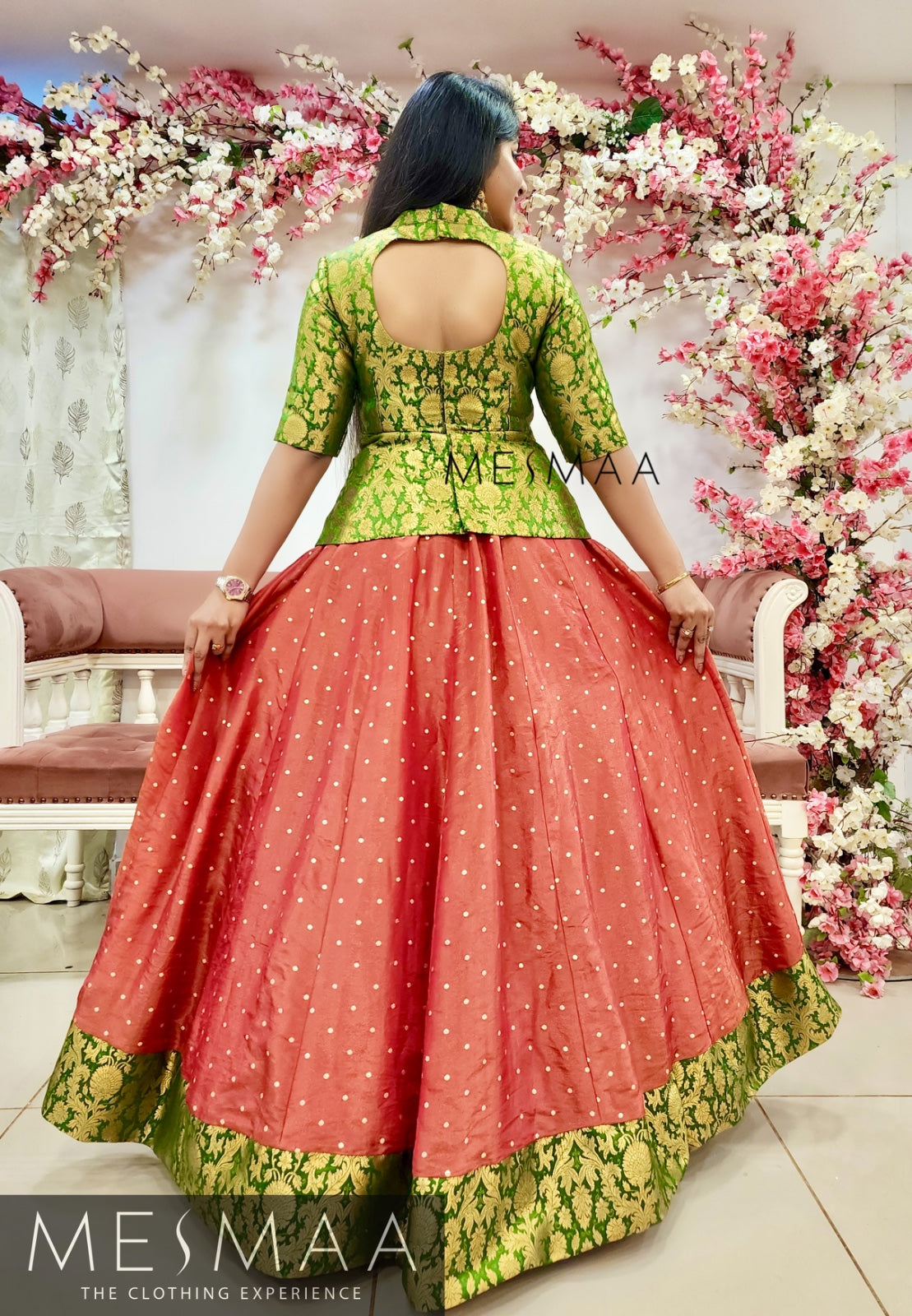 Leaf Green coral tissue banarasi  lehenga.