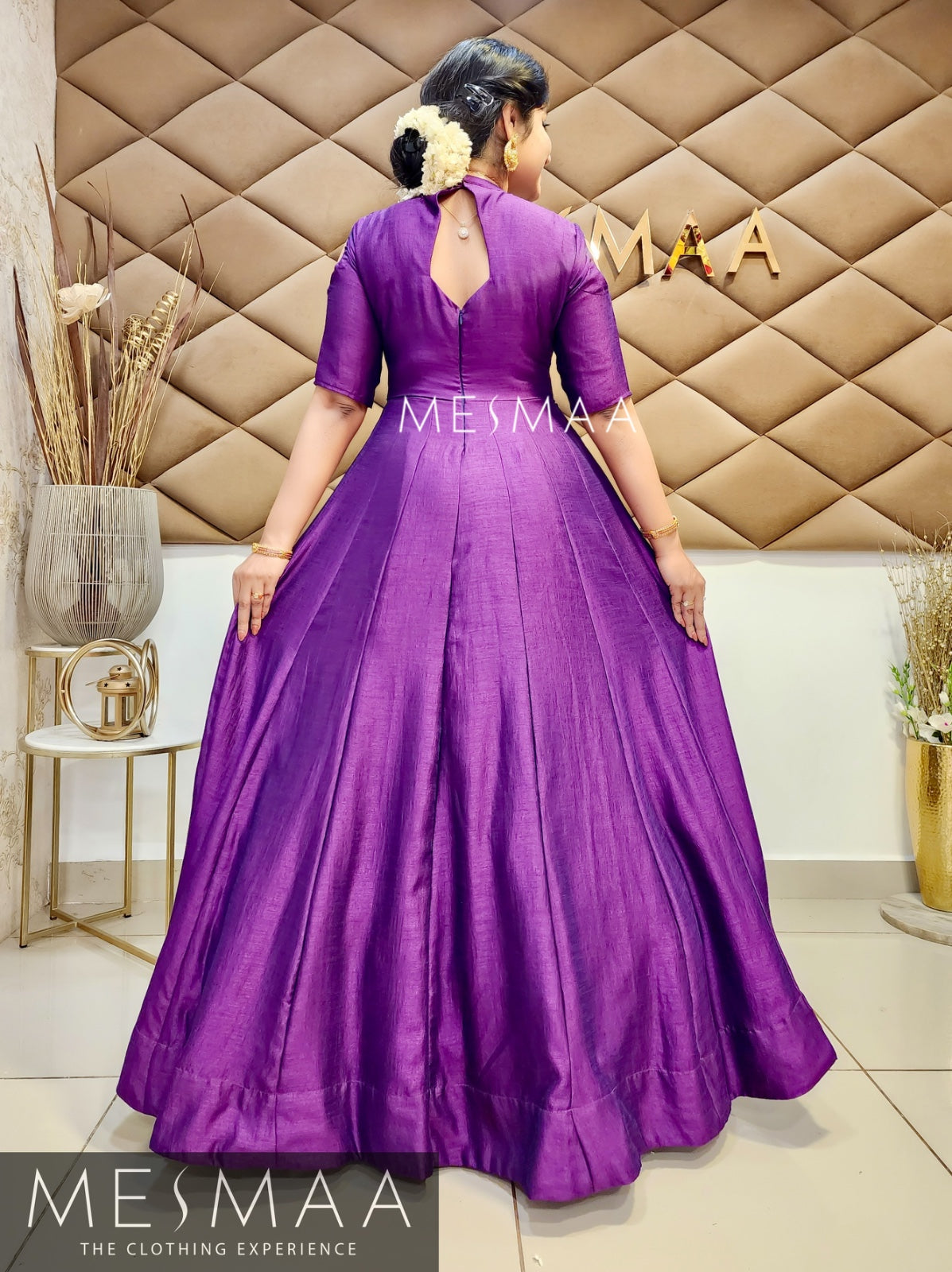 Violet Fuchsia Pink Banarasi dupatta gown.