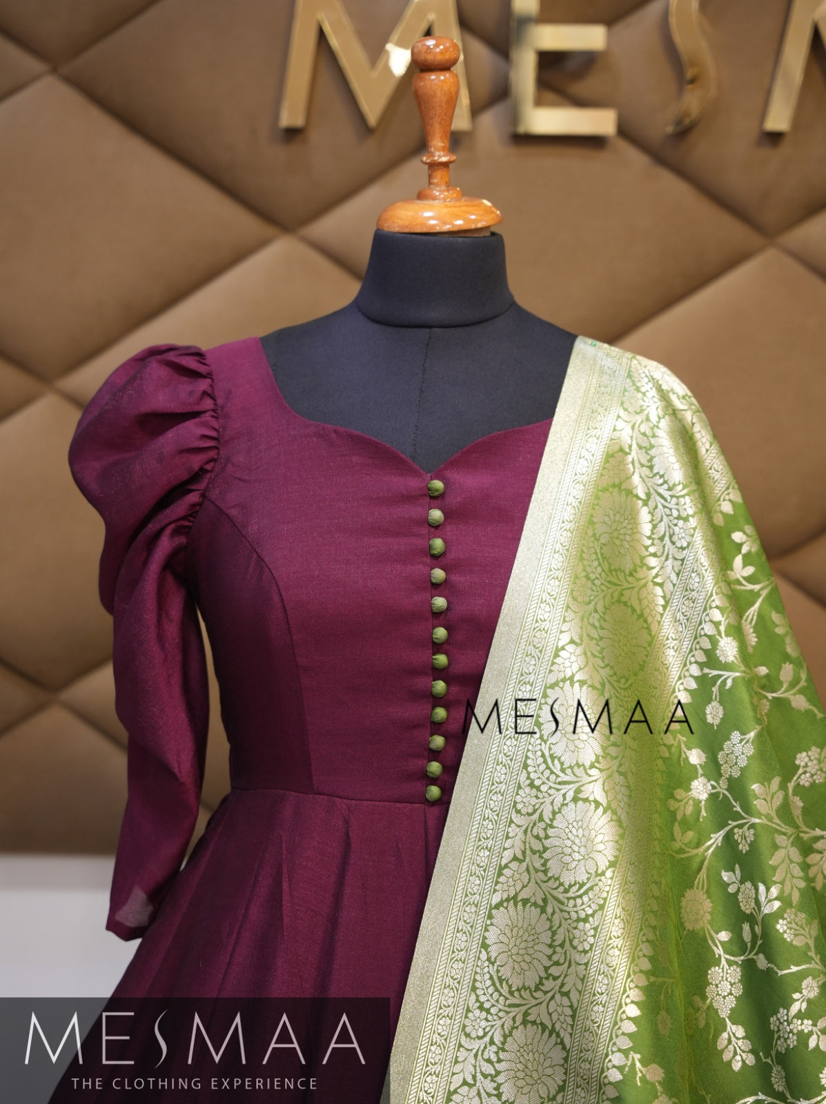 Vine olive green Banarasi dupatta gown.